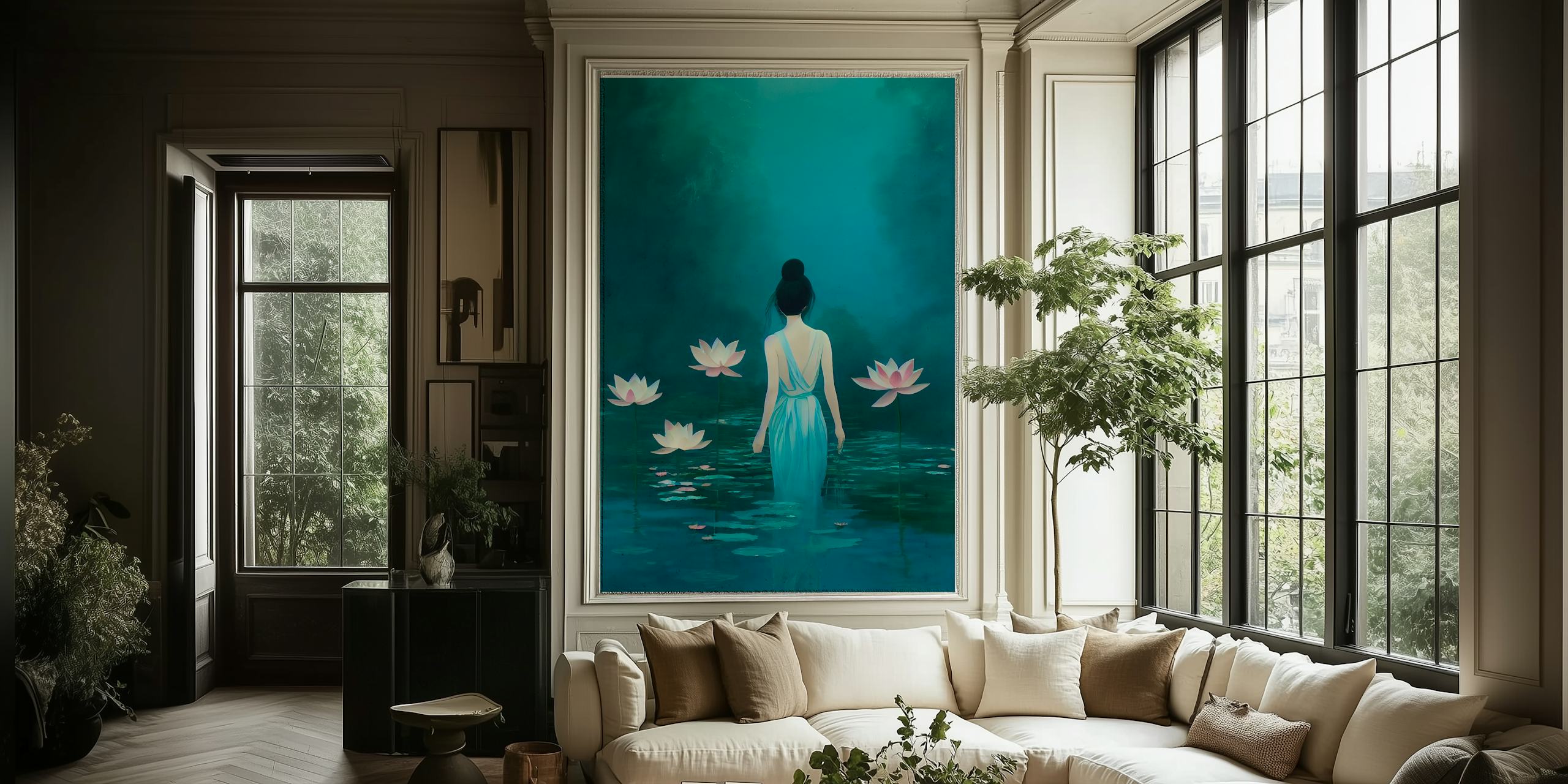 Serene water lilies surrounded by a tranquil blue figure wallpaper