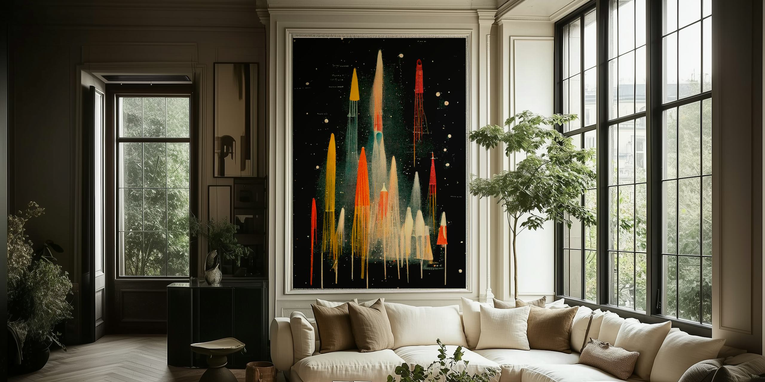 Foguetes de estilo vintage subindo em um fotomural vinílico de parede de céu noturno estrelado