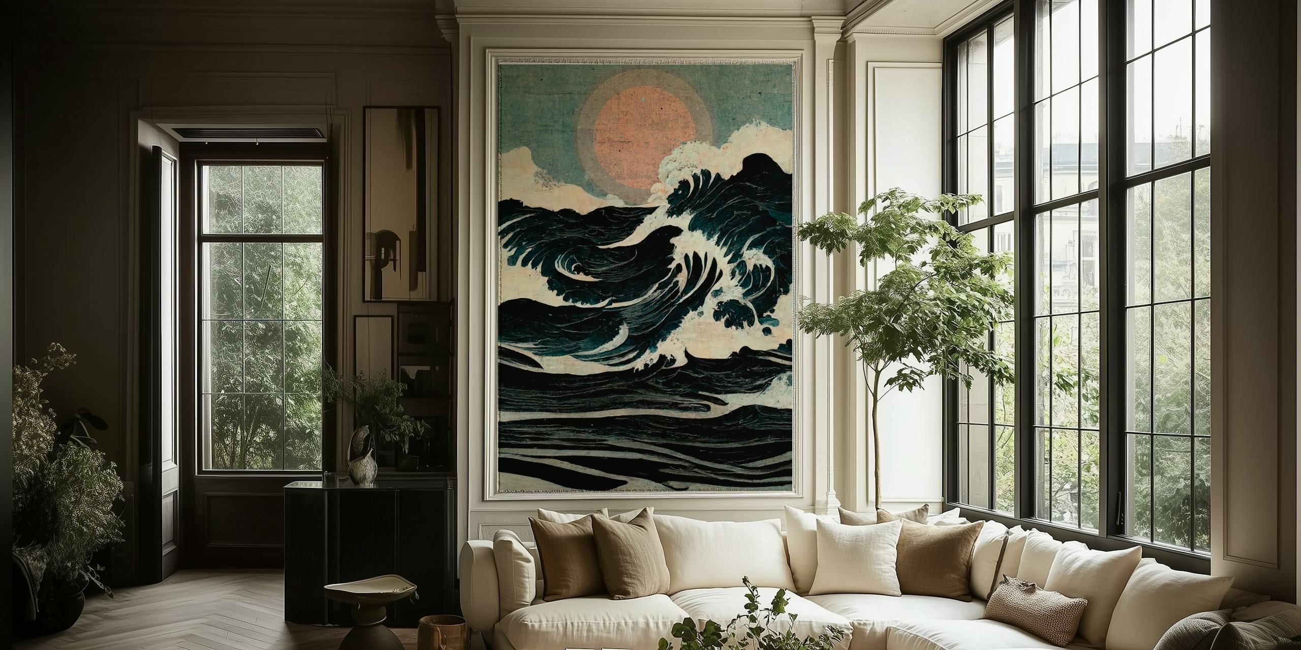 Ocean wave patterns in dark blue and cream tones wallpaper