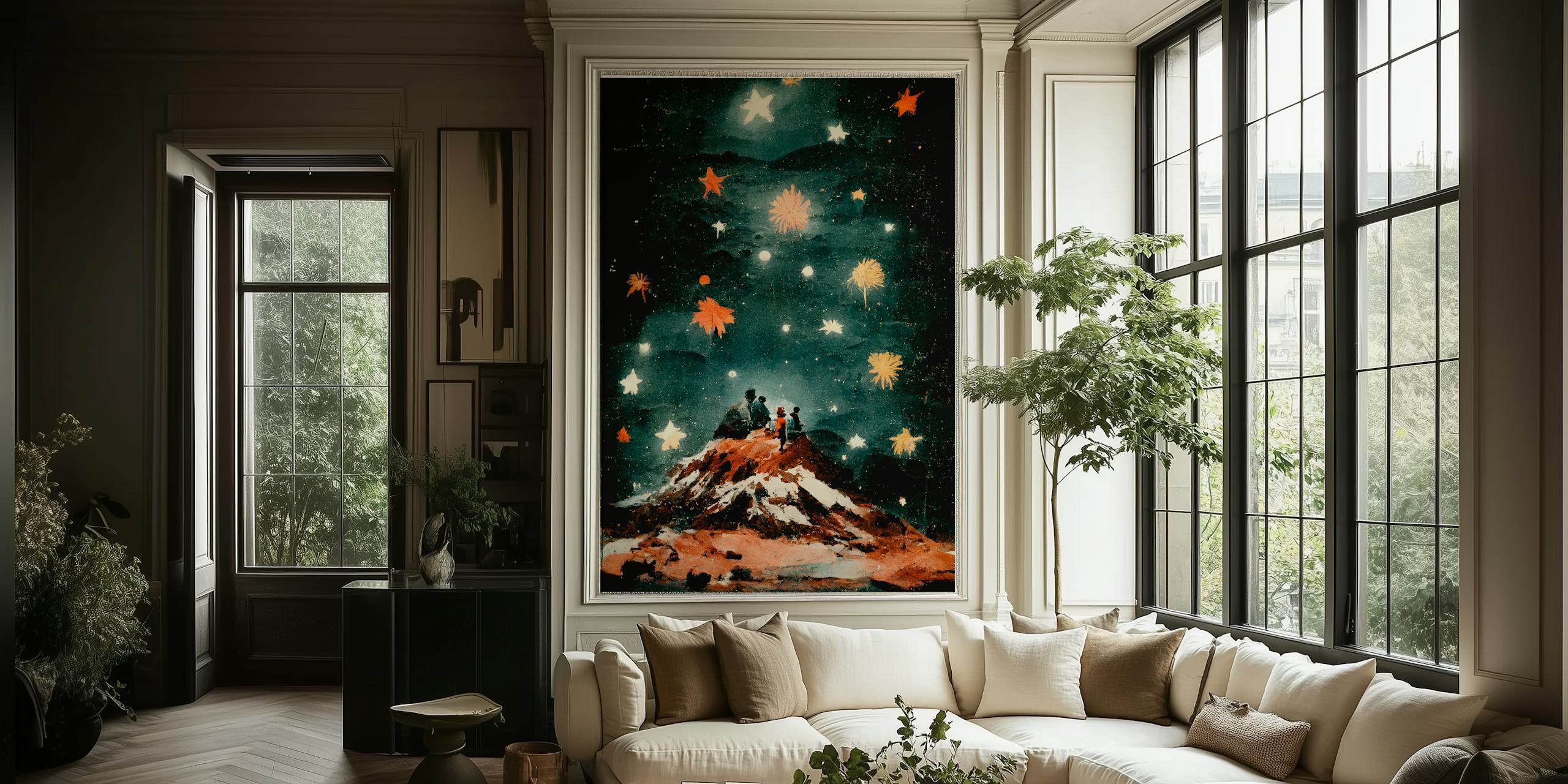 Mountain scene silhouetted against a starry night sky wallpaper