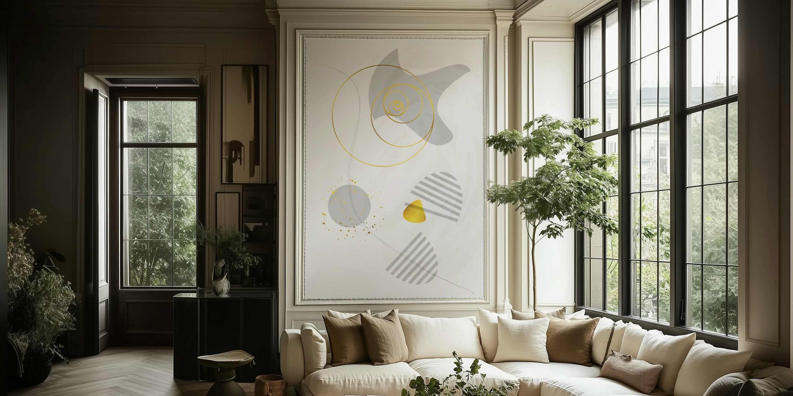 Mid-Century Vintage No 8 abstrakt design vægmaleri med geometriske former og guldaccenter