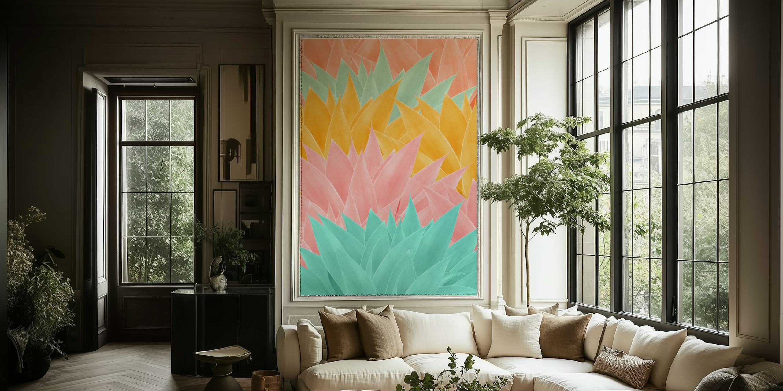 Colorful agave leaf pattern wall mural in shades of pink, yellow, and aqua for contemporary interior design.