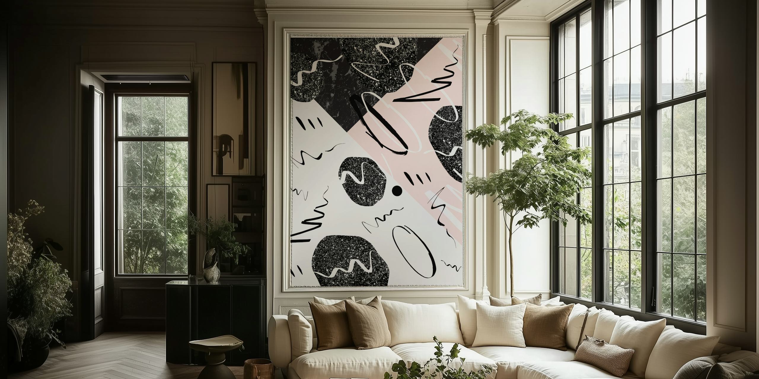 Abstract shapes in black, white, and blush pink wallpaper