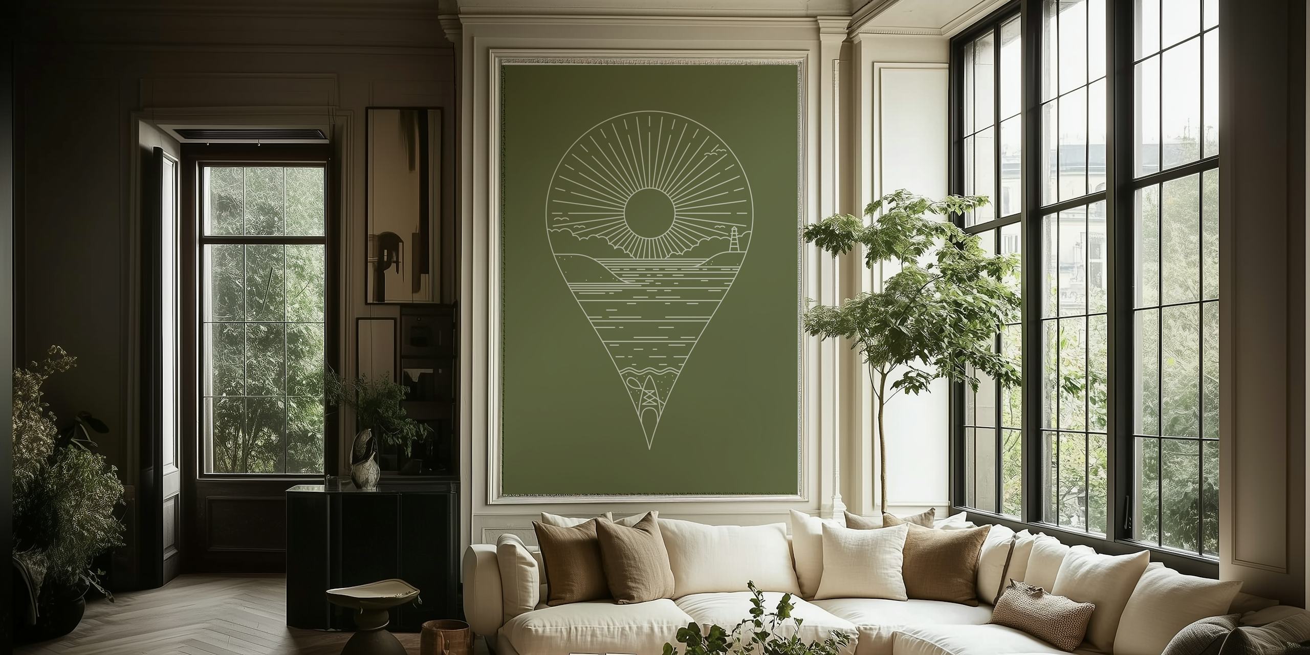 Wallpaper design with sun and landscape imagery