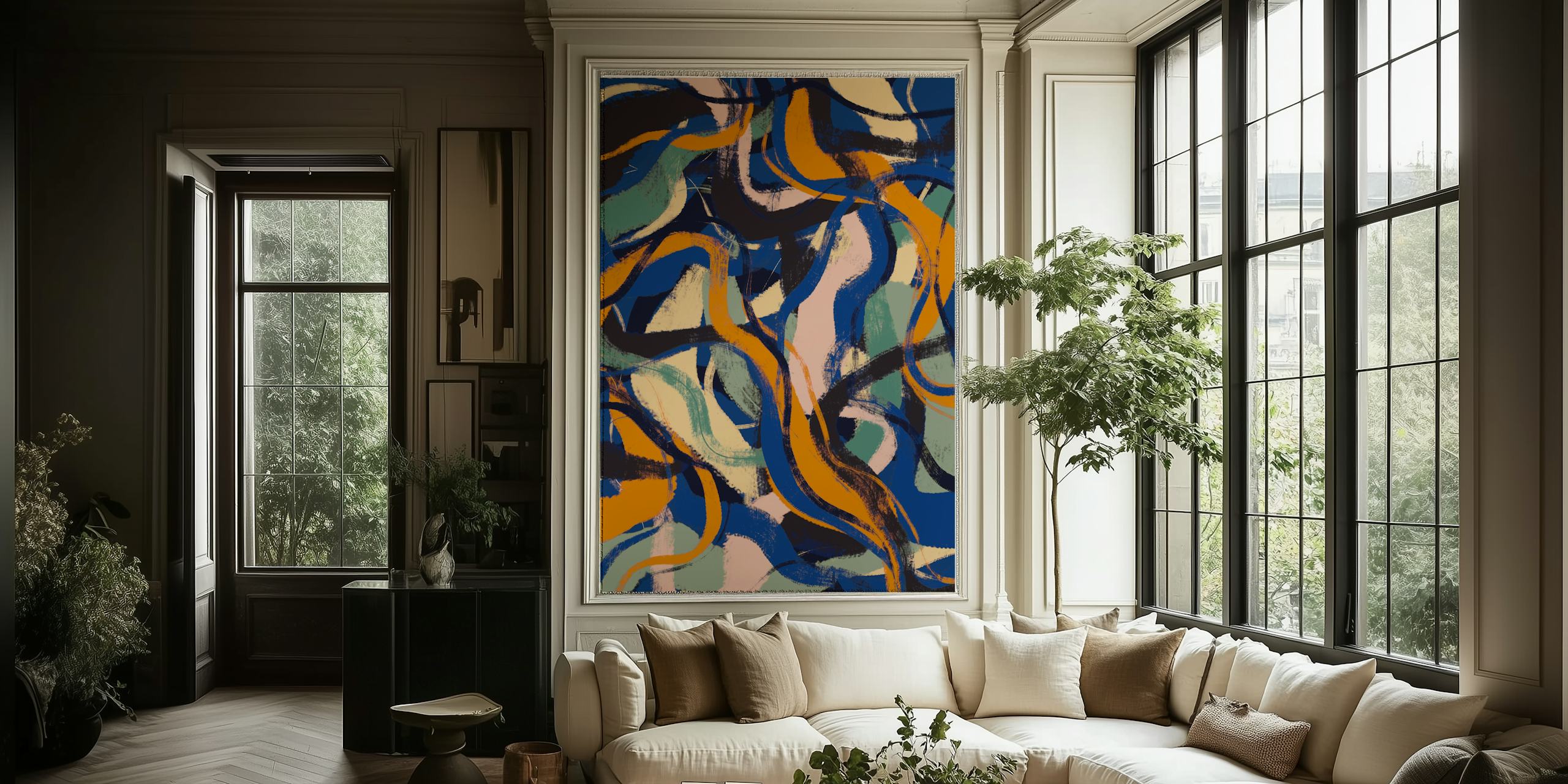 Colorful abstract brush strokes in blue, yellow, green, and pink wallpaper