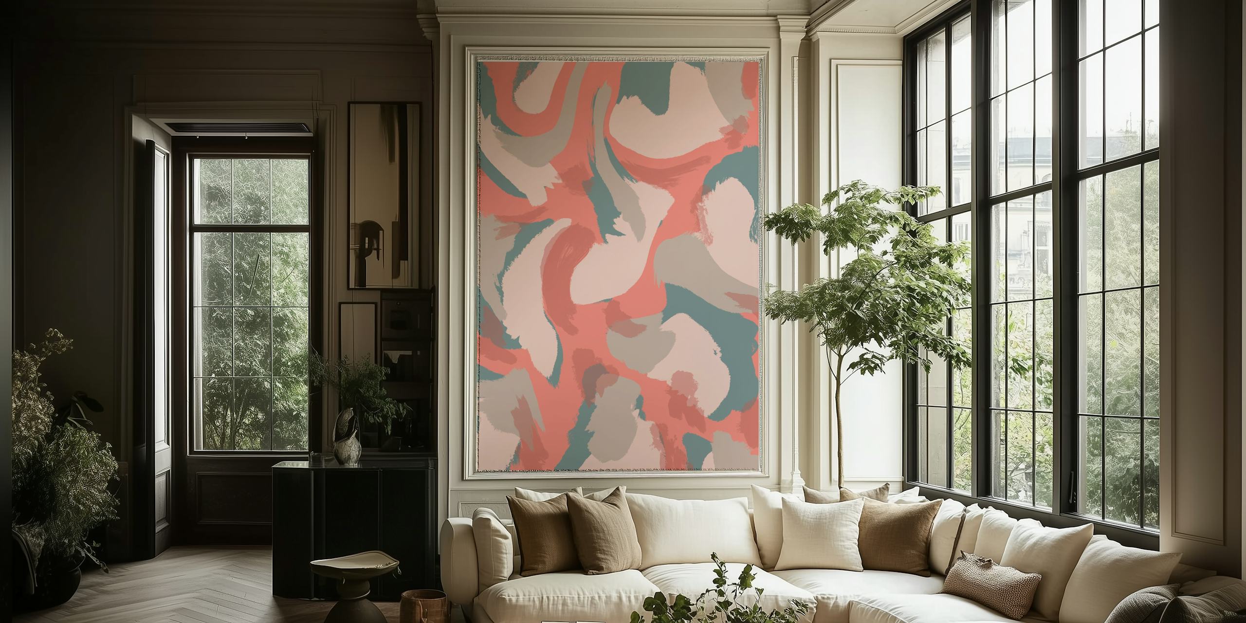 Abstract pastel brushstroke patterns in pink, gray, and cream wallpaper