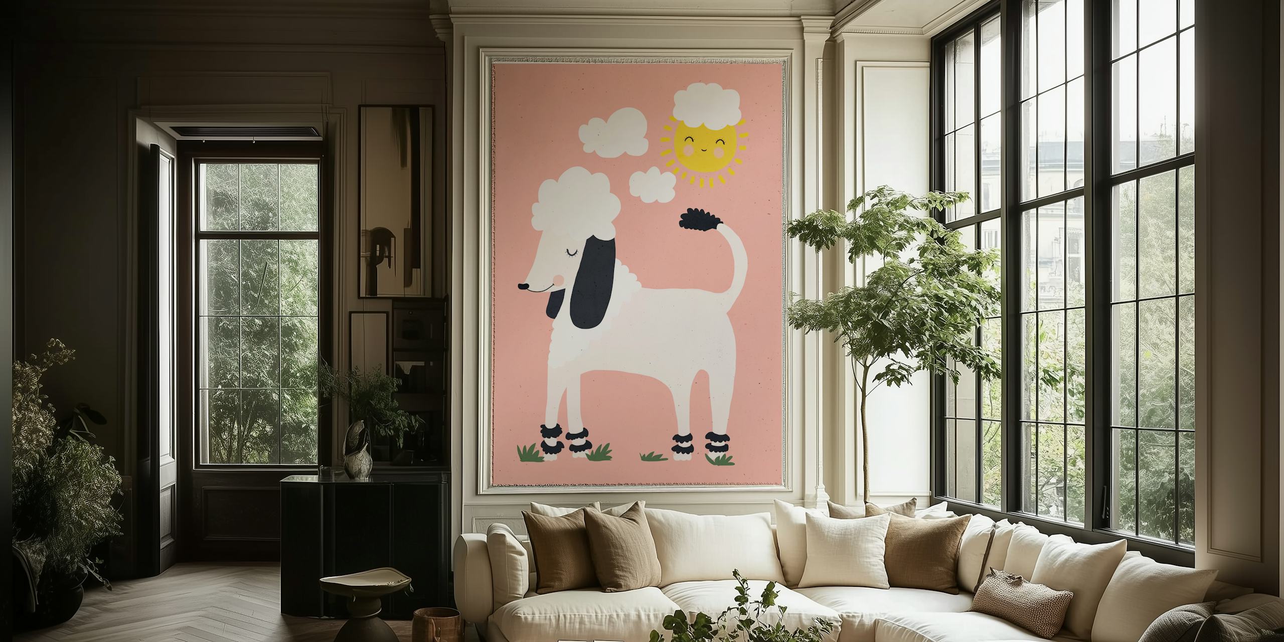 Adorable white poodle with cloud-like fur, pink background wallpaper