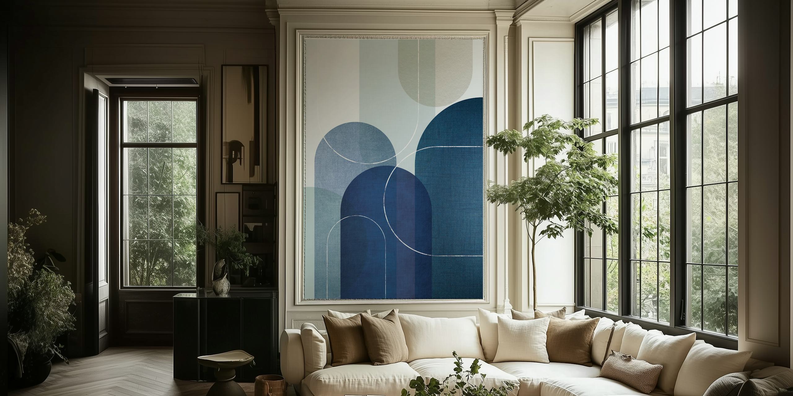 Mid Century Blue Linen 3 wall mural with abstract geometric shapes