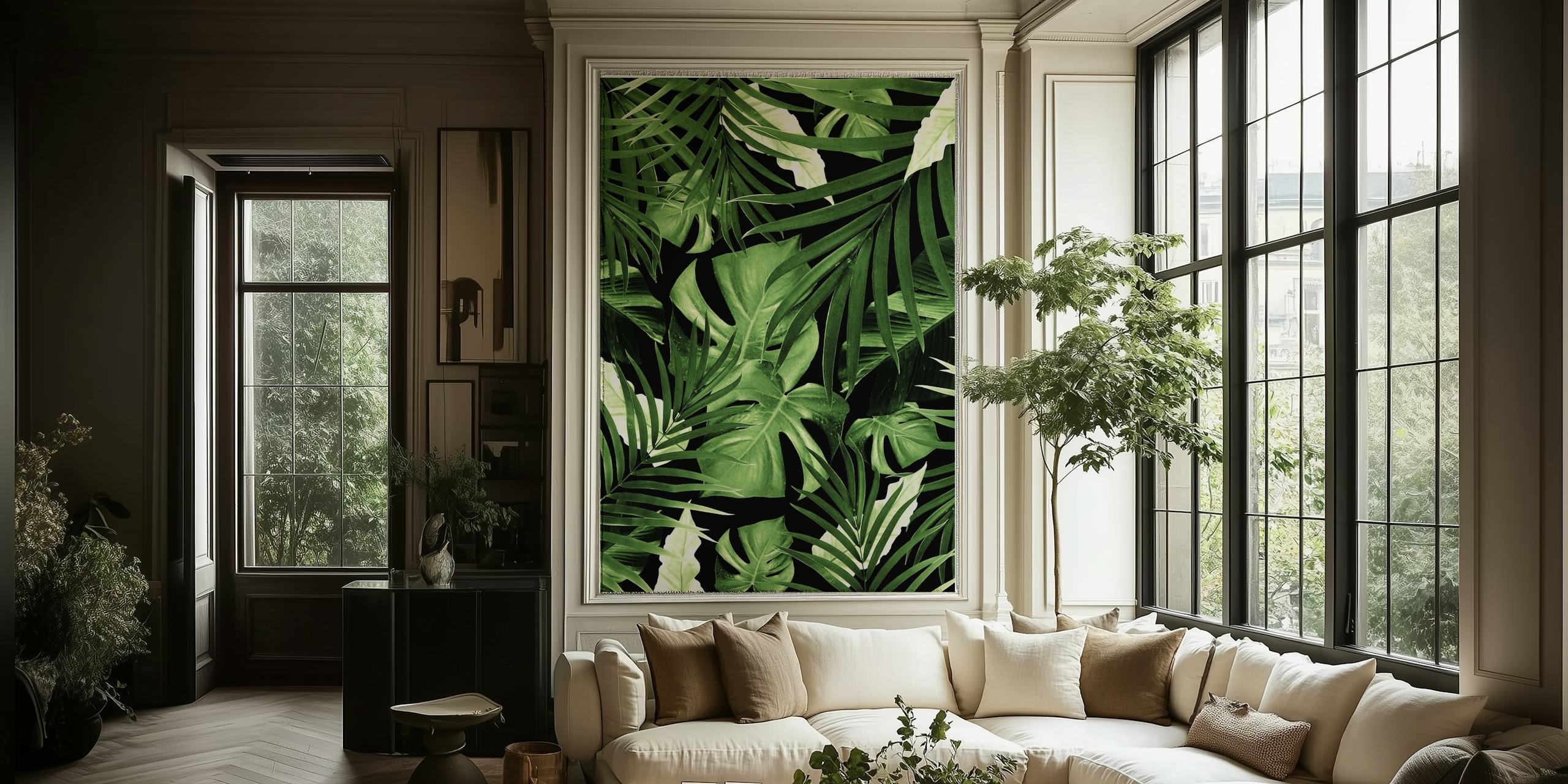 Tropical green leaves against a dark background wallpaper