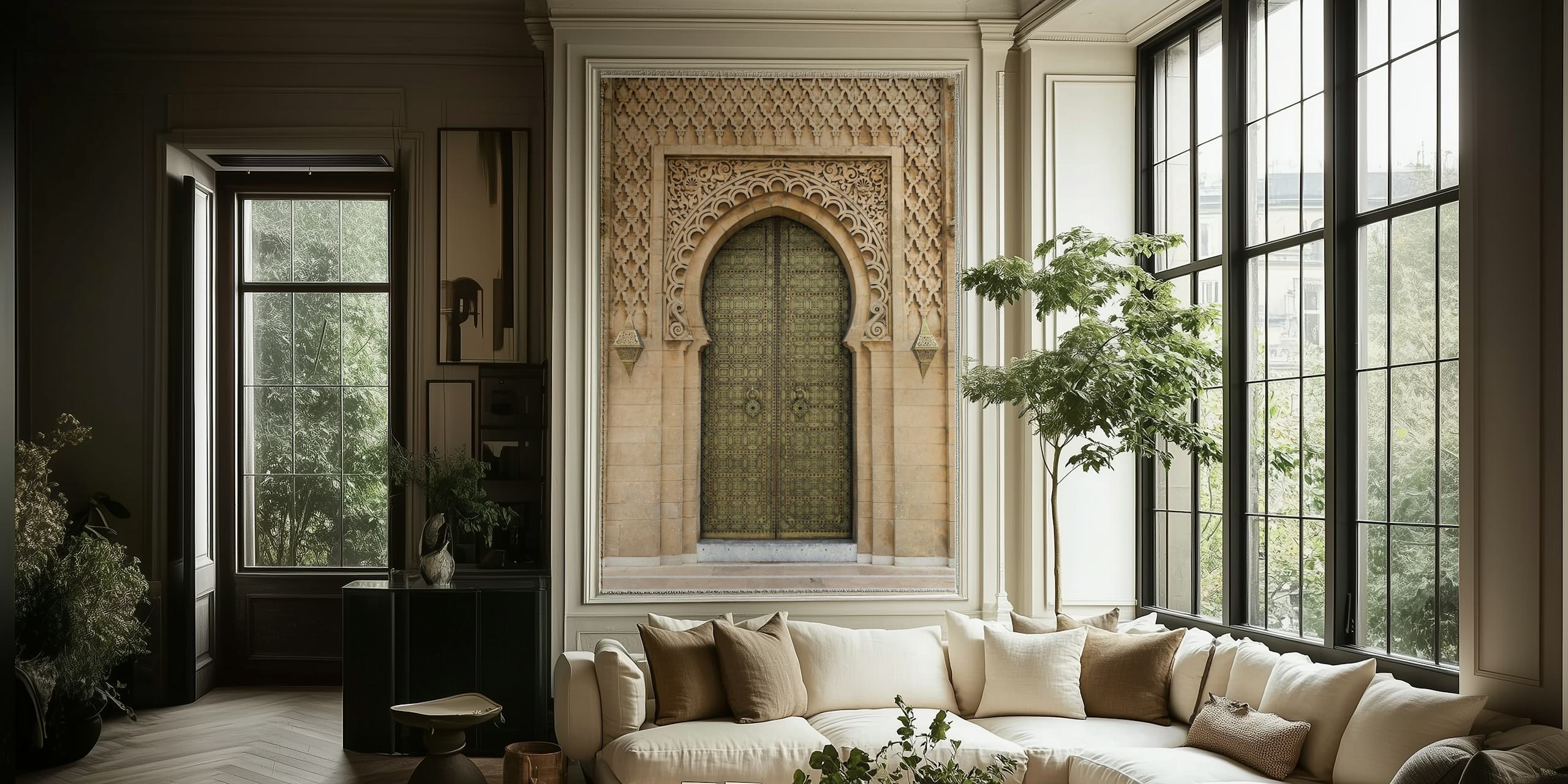Intricate Moroccan door design with ornate patterns and golden hues wallpaper