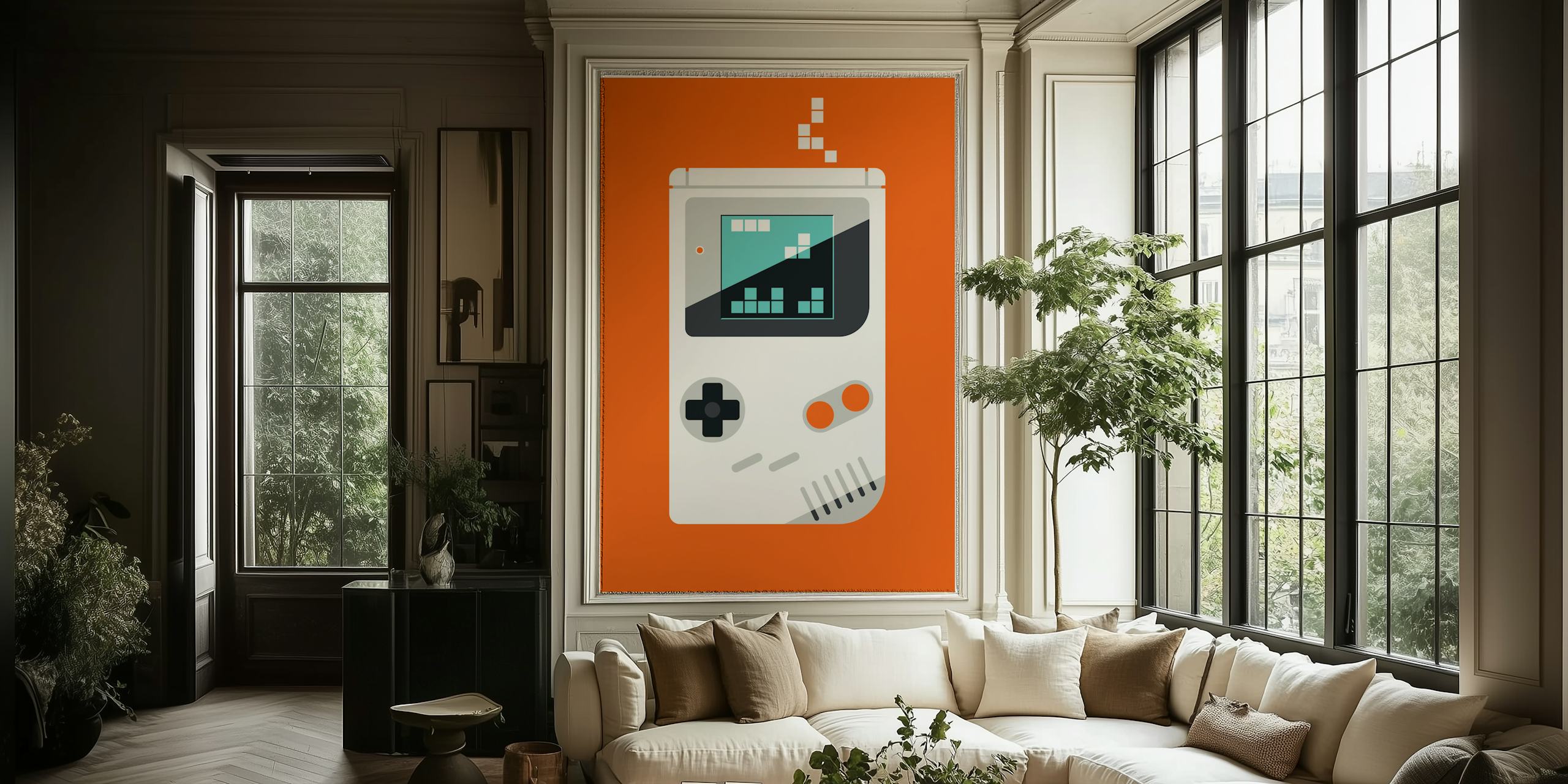 Retro game console illustration on bright orange wallpaper