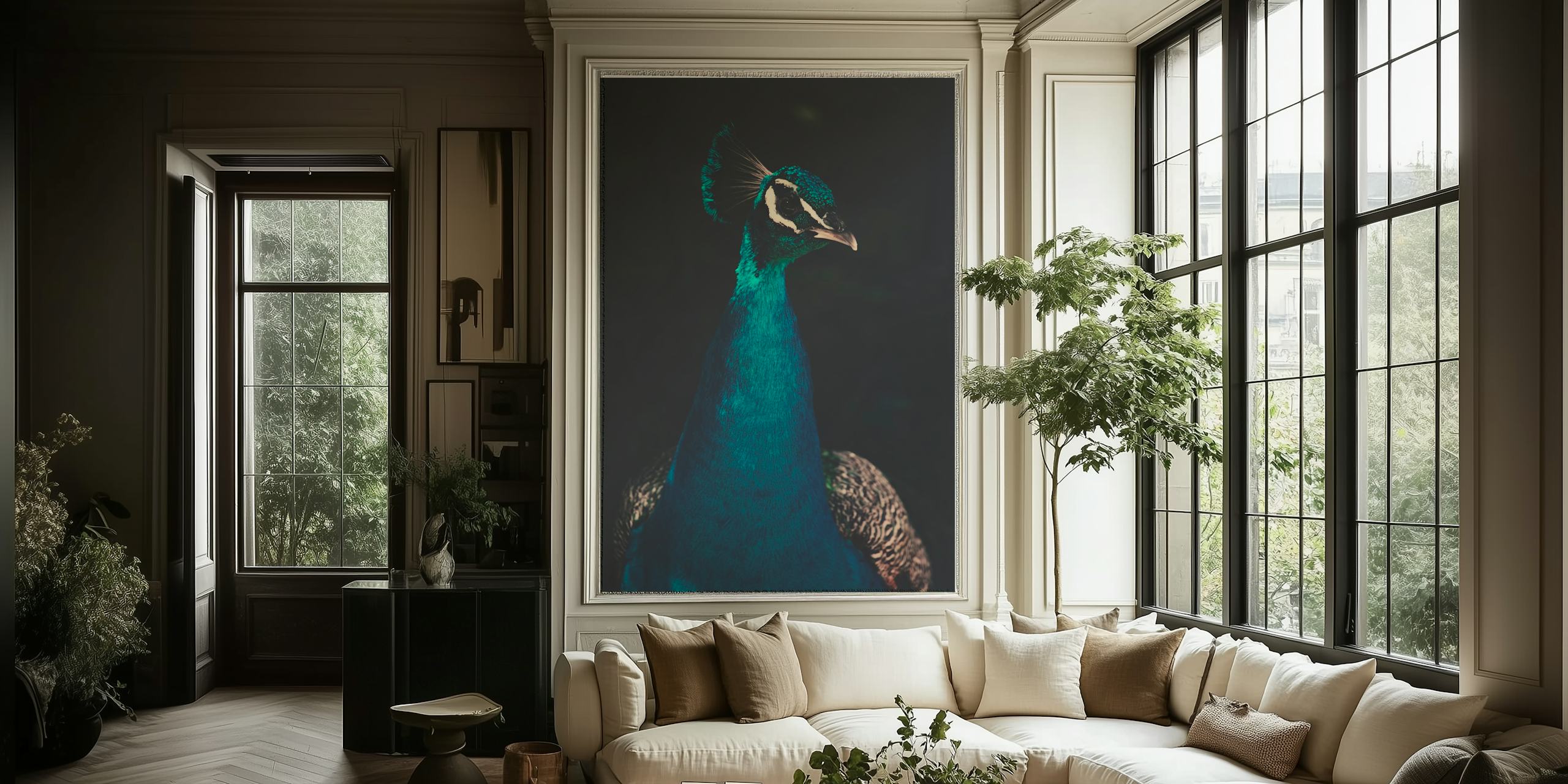 Elegante pauwfotobehang met levendige turquoise en smaragdgroene veren