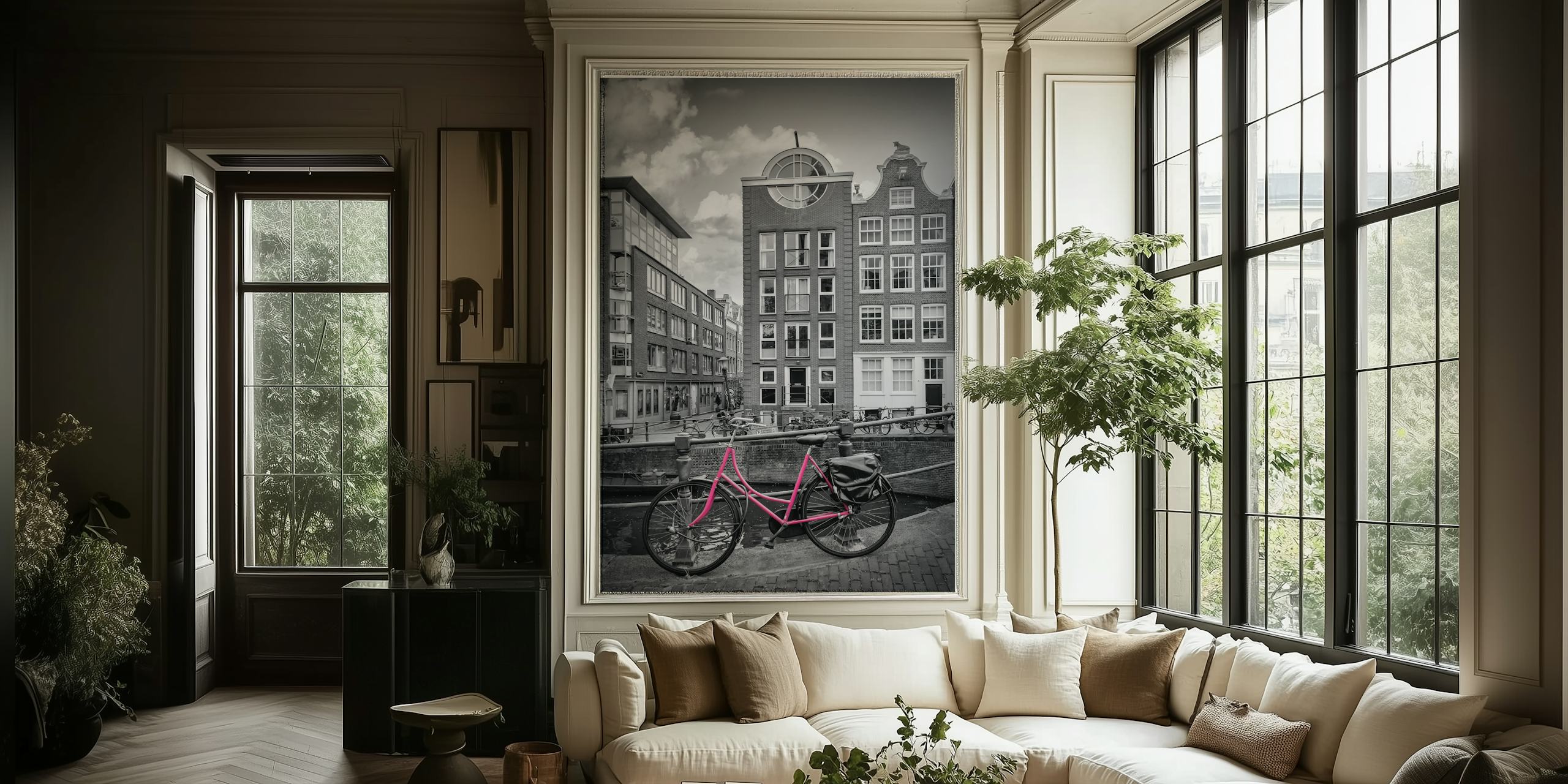 Black and white cityscape wallpaper with a pink bicycle and canals