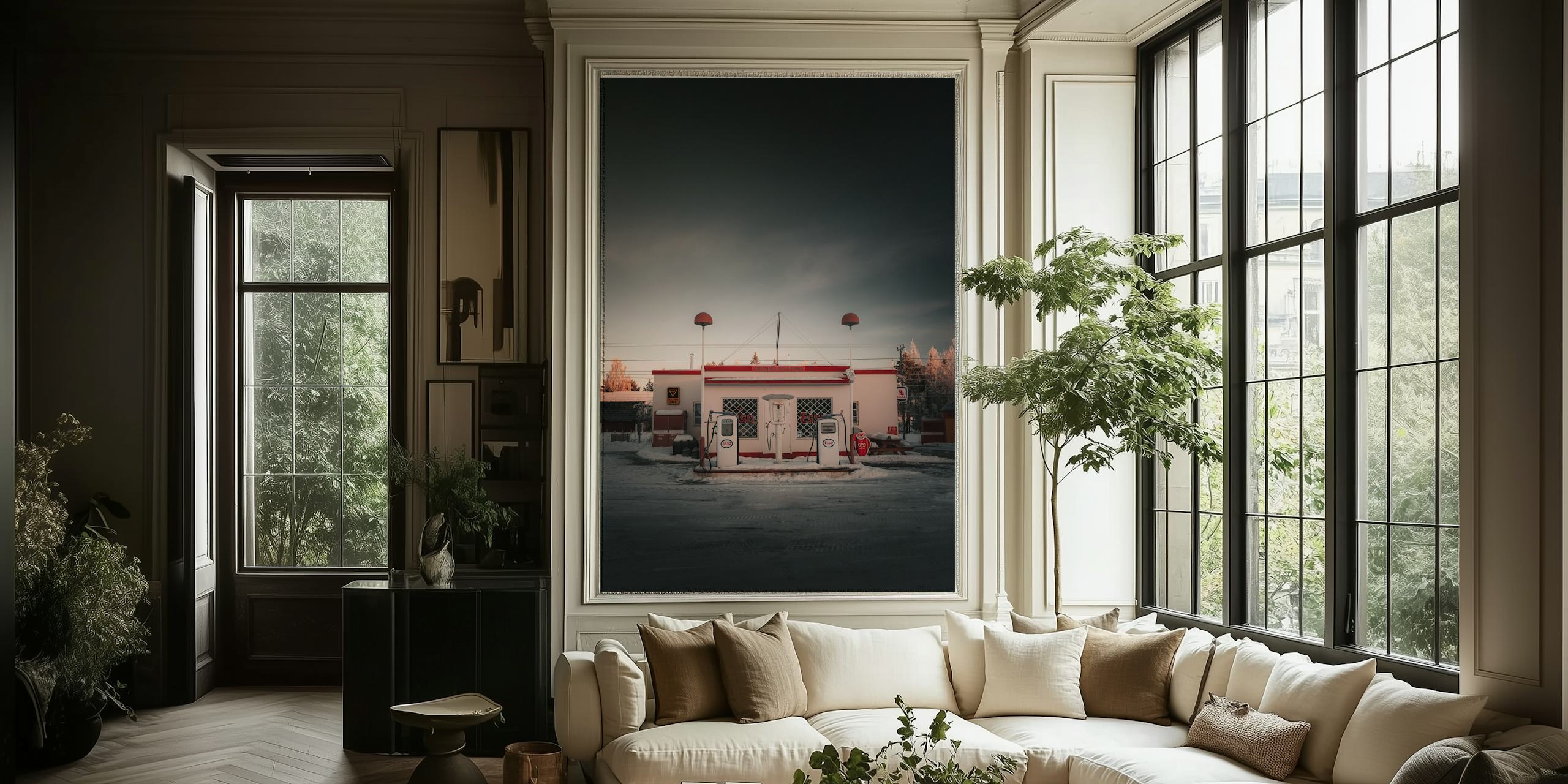 Vintage gas station with white and red details, retro style wallpaper