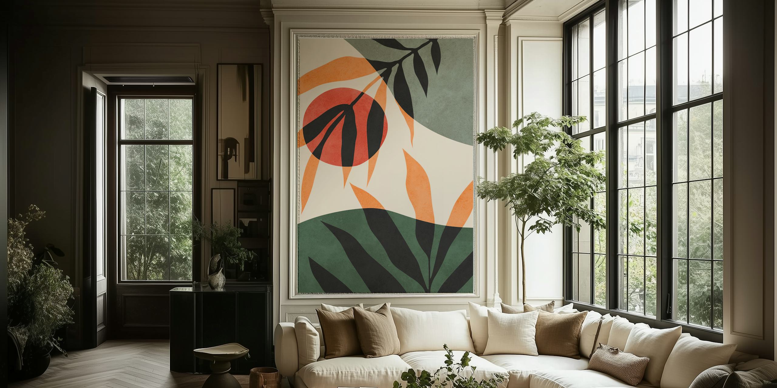 Botanical abstract design with earthy leaves and red circles wallpaper