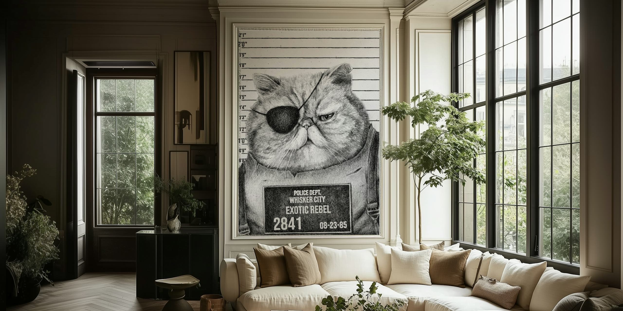 cat mugshot with pirate eye patch and police number wallpaper