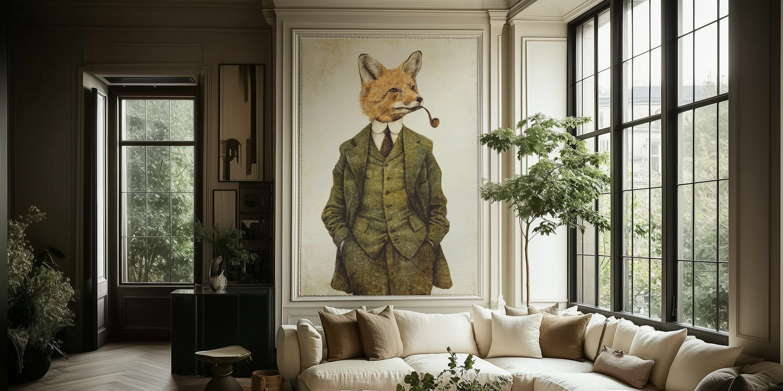Fox character in a suit with a pipe, vintage style wallpaper