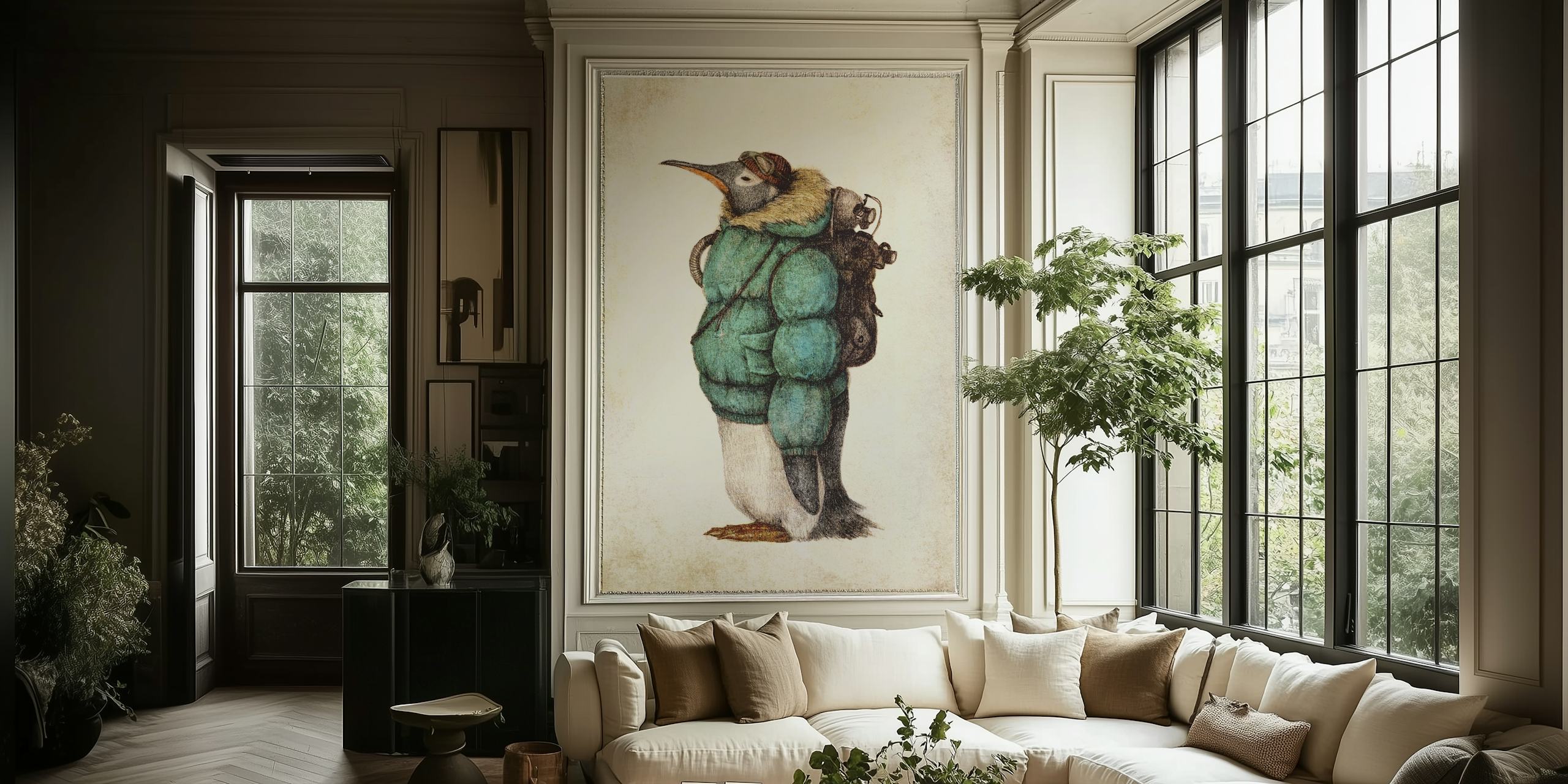 Penguin wearing a green jacket and backpack art wallpaper