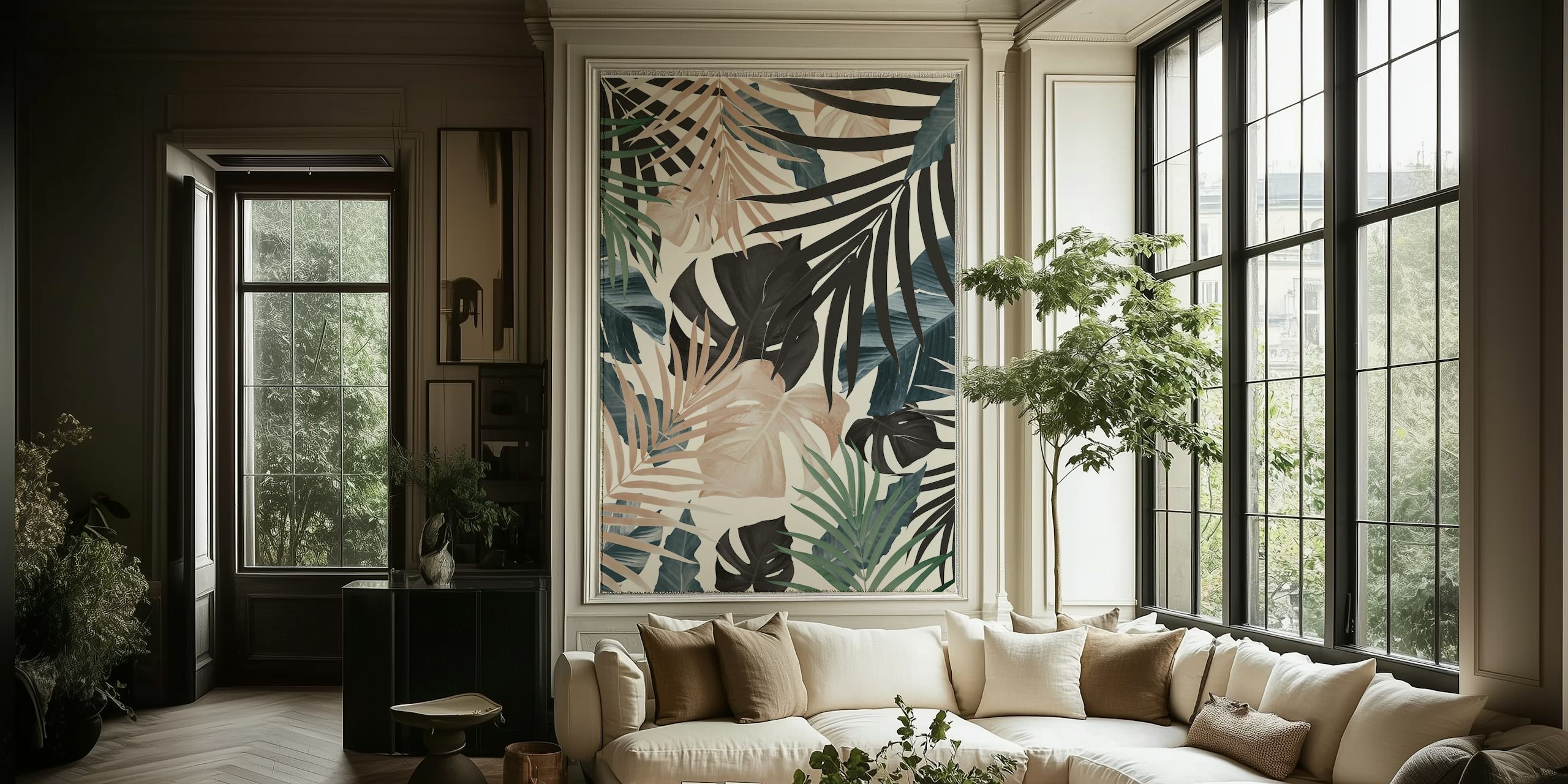 Tropical jungle leaves wallpaper in a room