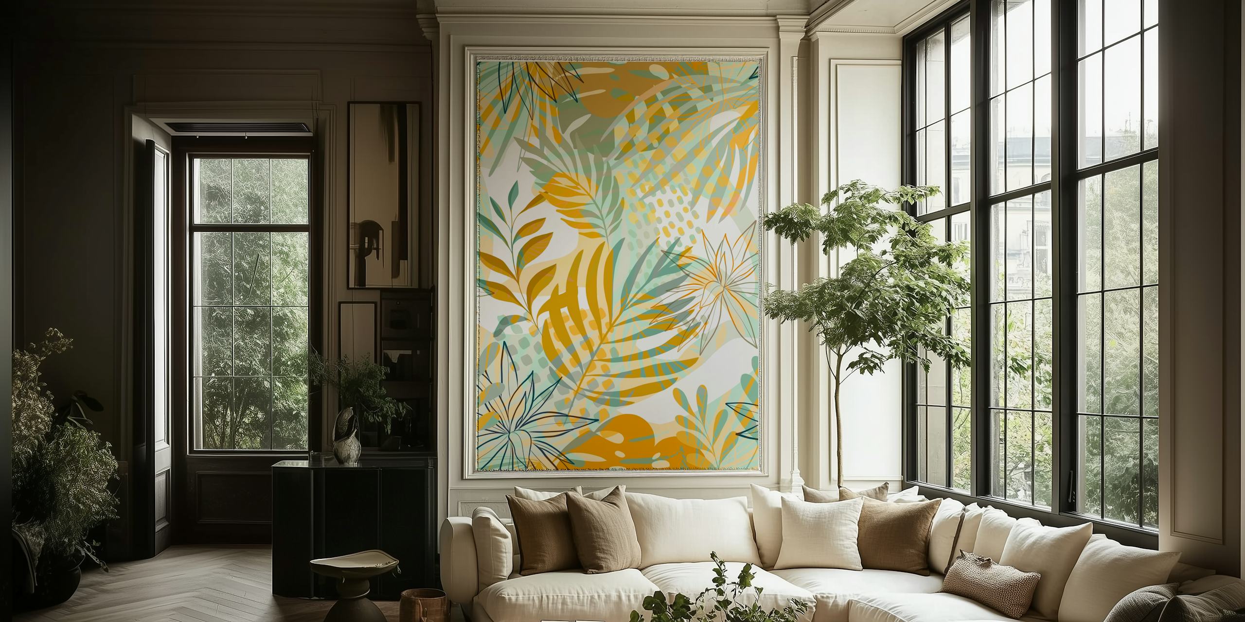 Mosterd en teal boho tropische tuin patroon behang met abstracte loof.