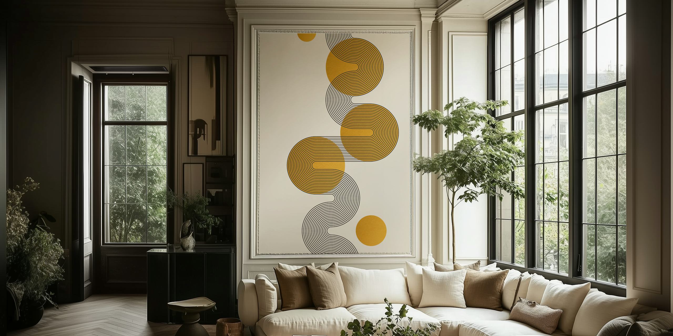 Abstract Curvy Bauhaus-inspired Wall Mural in Sunrise Tones