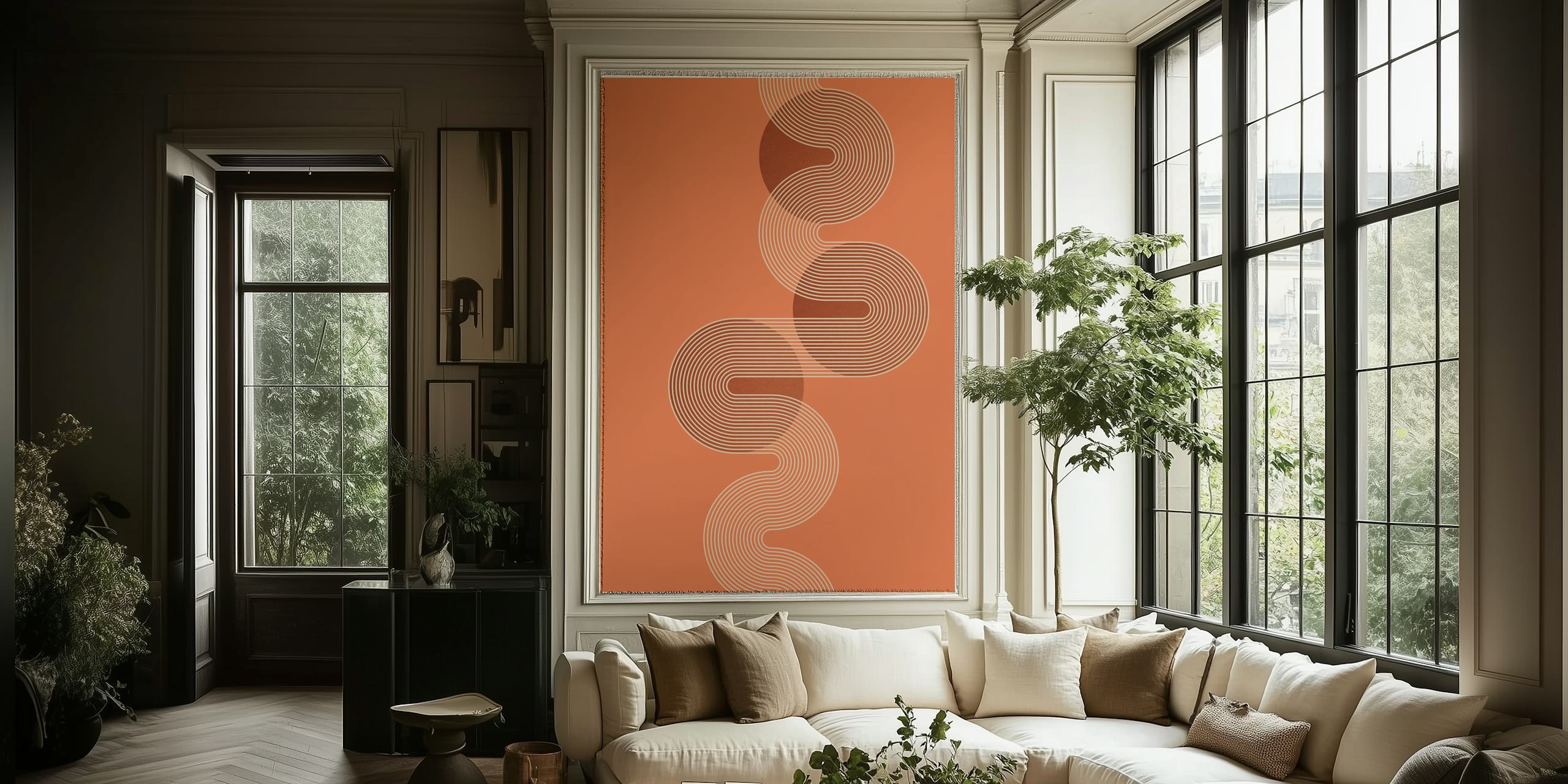 Geometric line pattern in orange and cream wallpaper