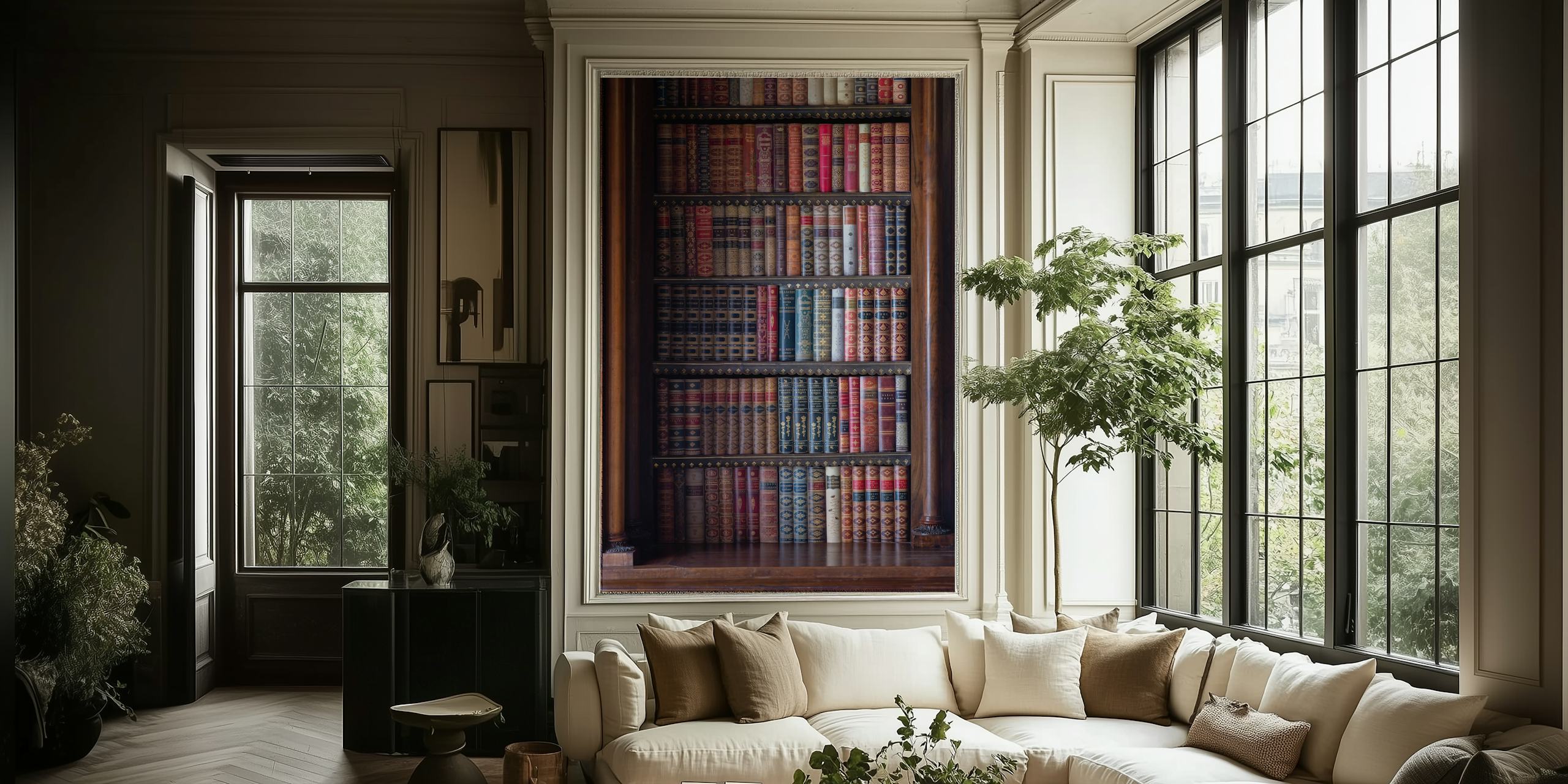 Antique bookshelf with colorful spine books wallpaper