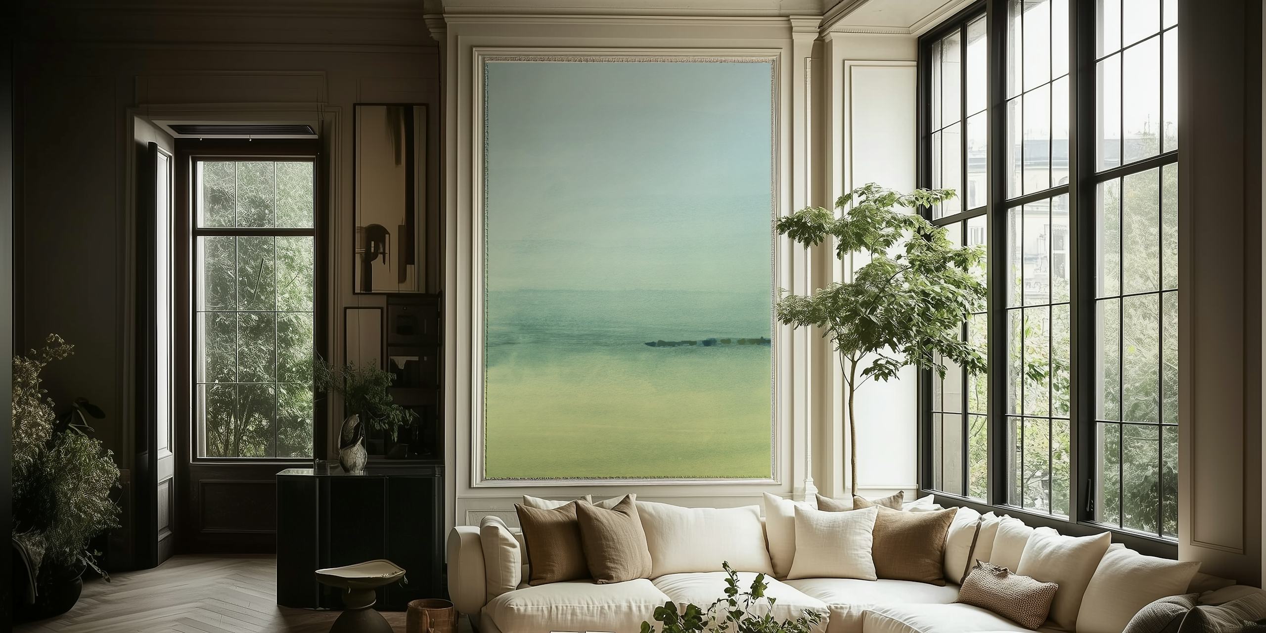 Soft green and blue gradient watercolor horizon wallpaper