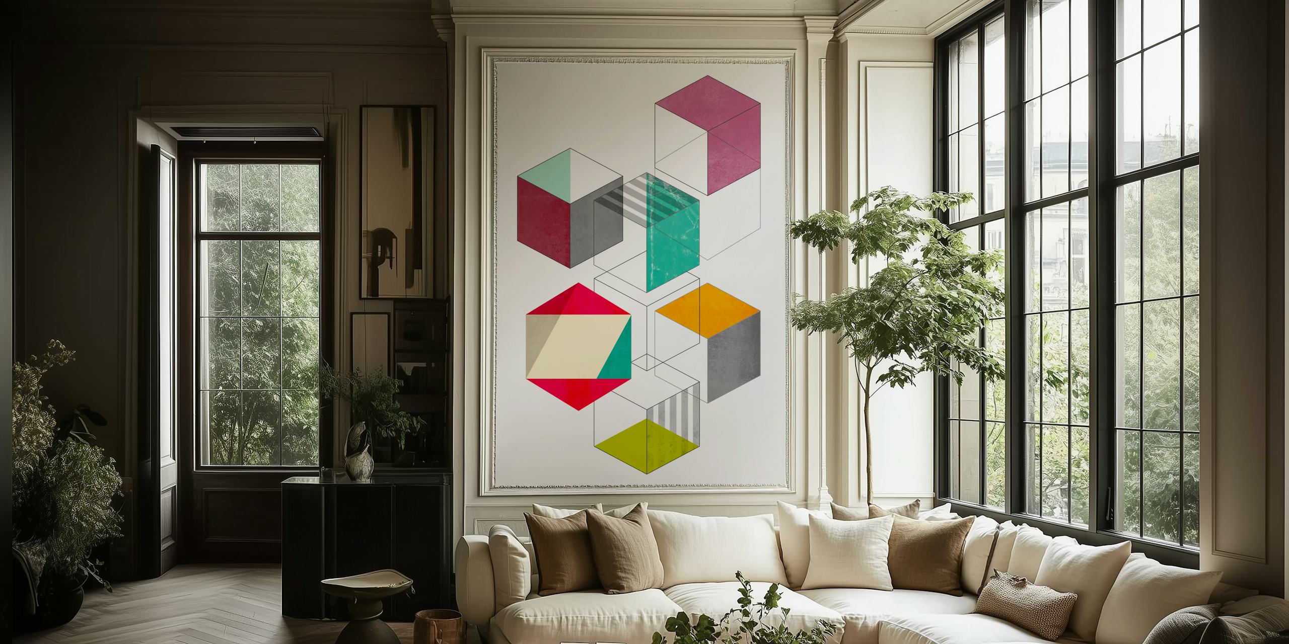 Colorful cubes wallpaper in a room setting
