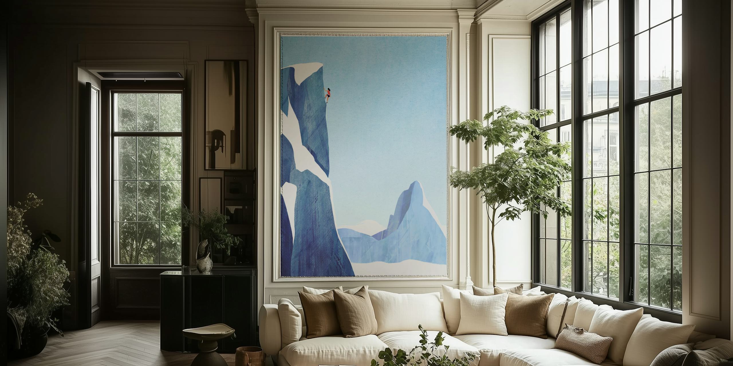 Mountain climber on a tall icy cliff with blue sky wallpaper