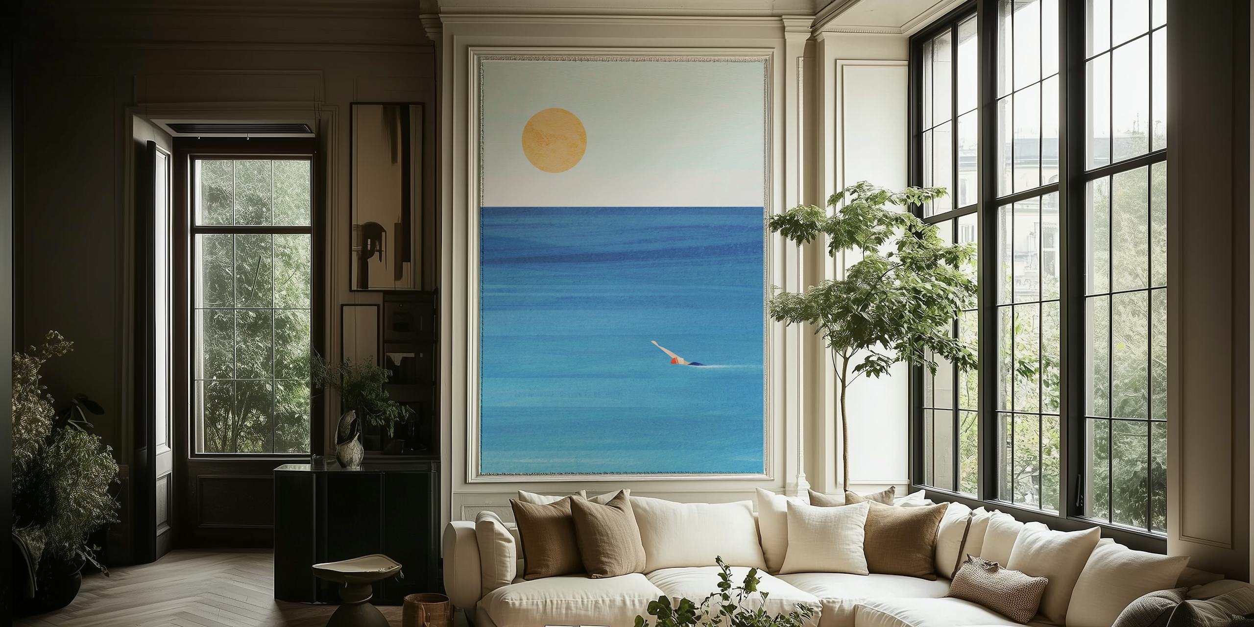 Minimalist seascape wall mural with blue waves, golden sun, and a solitary swimmer