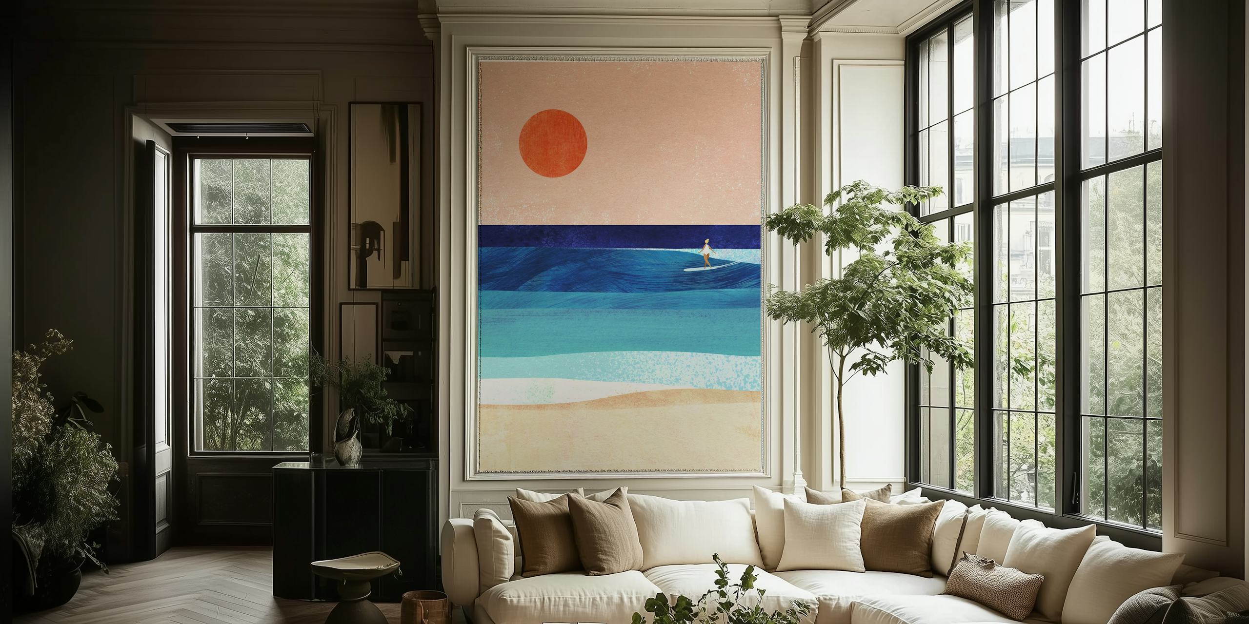Surfer surfant sur des vagues avec un arrière-plan de coucher de soleil