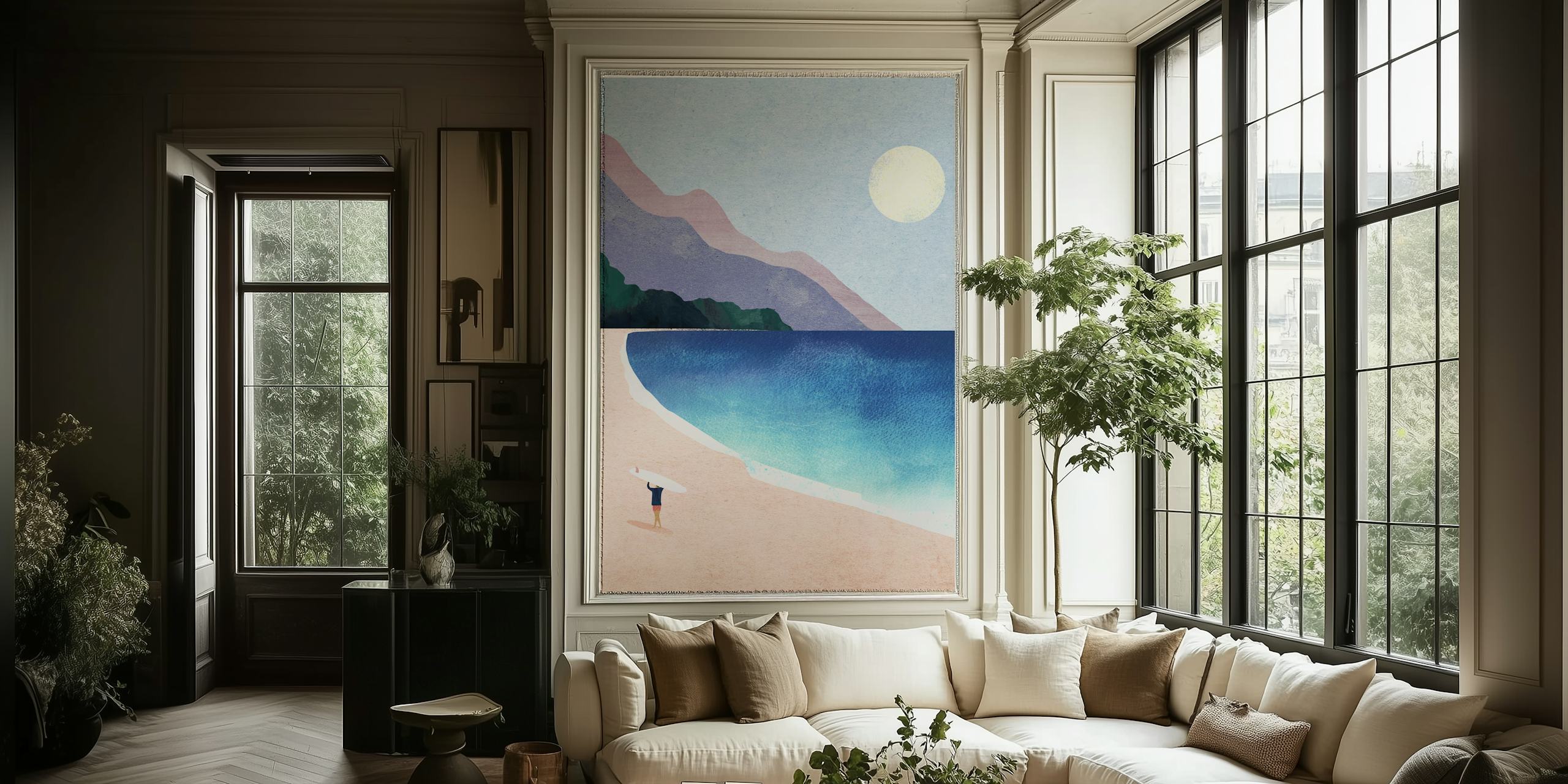 Surfer with a surfboard on a beach, blue ocean, and mountains wallpaper