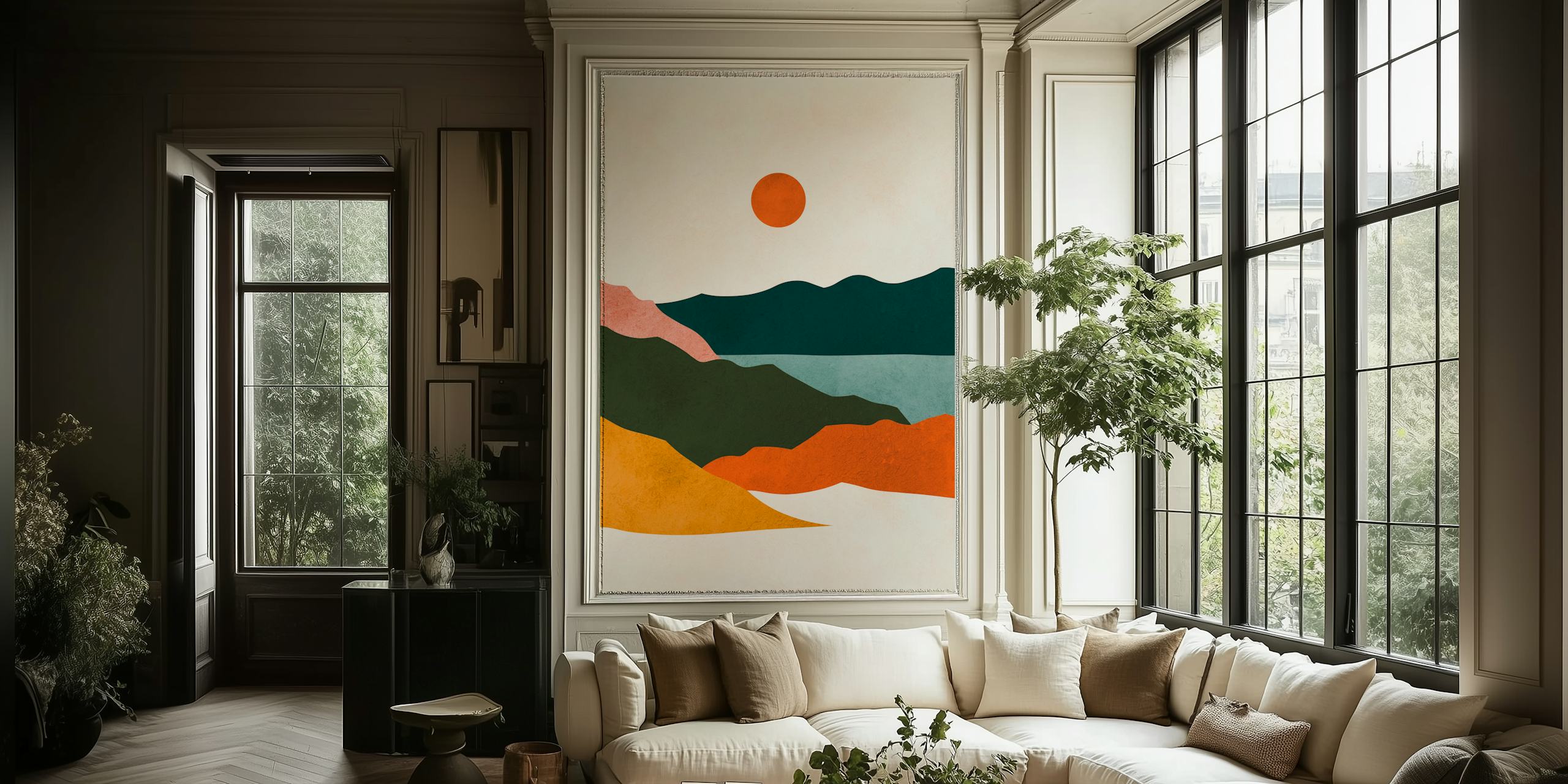 Watercolor nature wallpaper displayed in a room