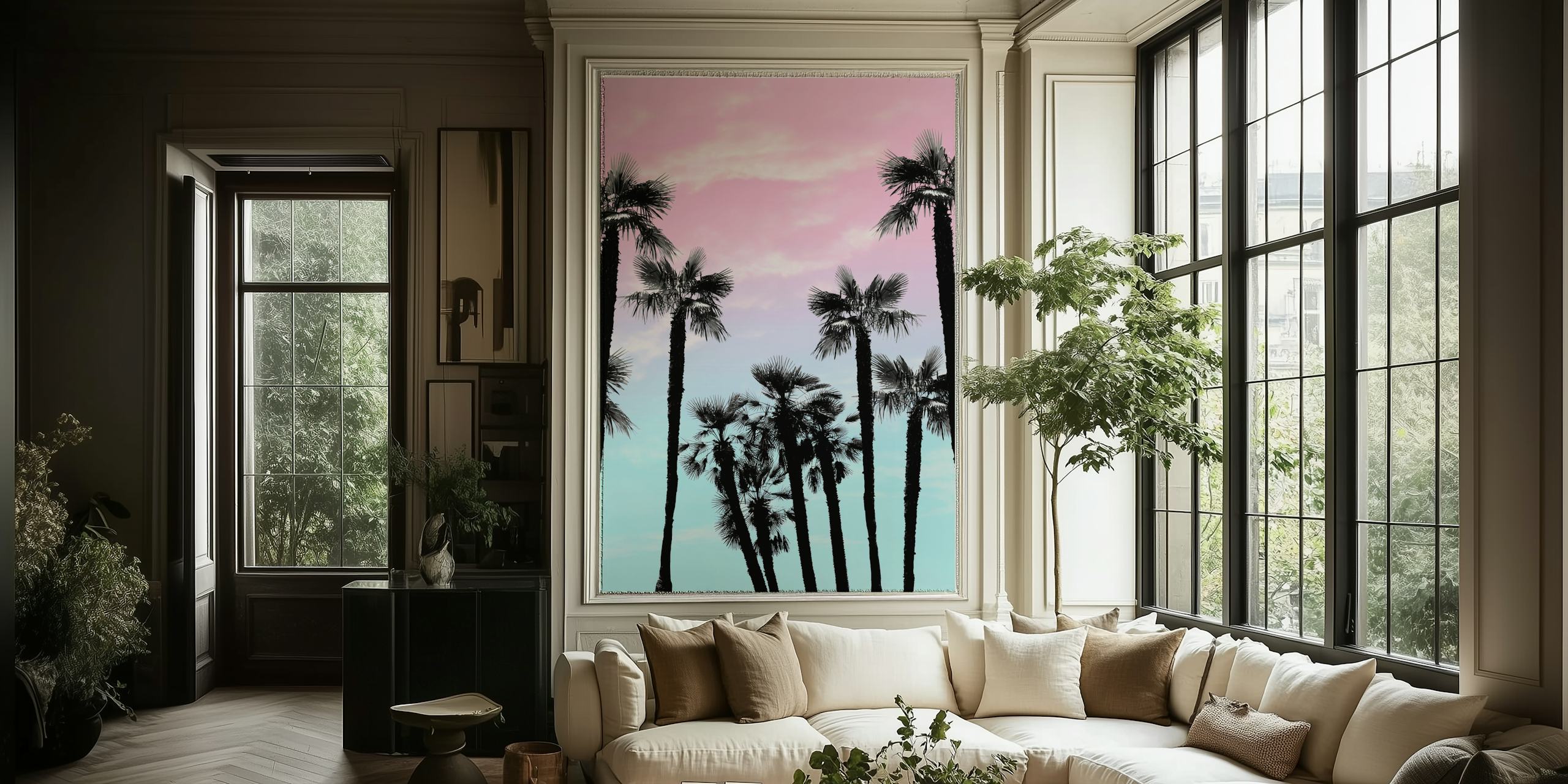 Silhouette of tropical palm trees against a pastel pink and blue sky wallpaper