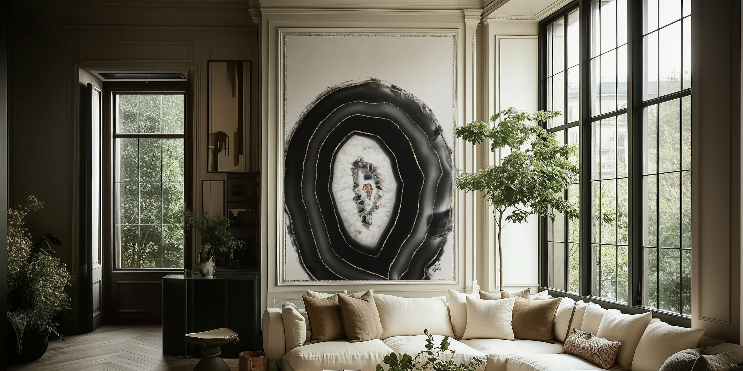 Black and white agate wallpaper with intricate patterns and layers