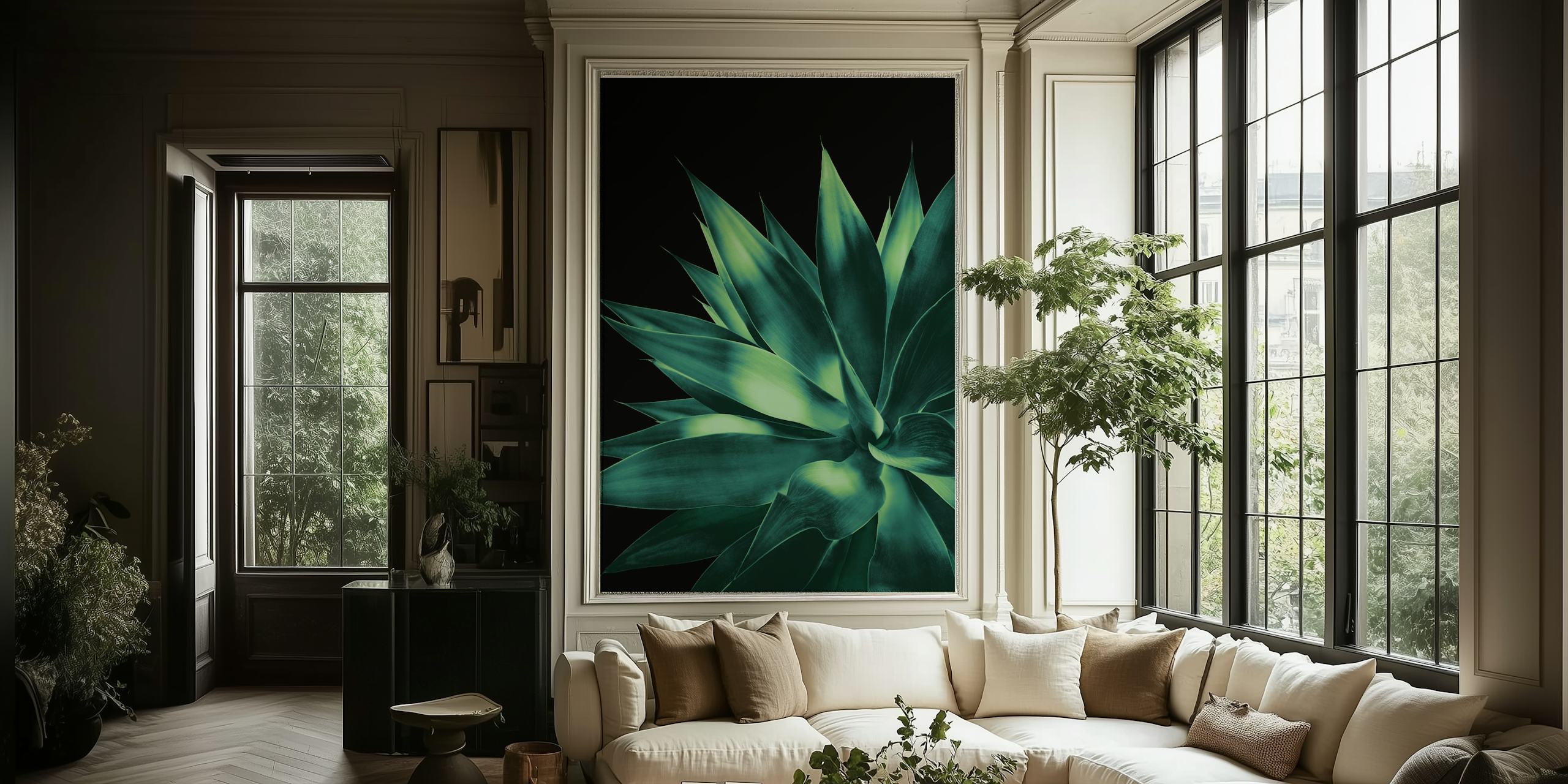 Large agave leaves in dark green against black background wallpaper