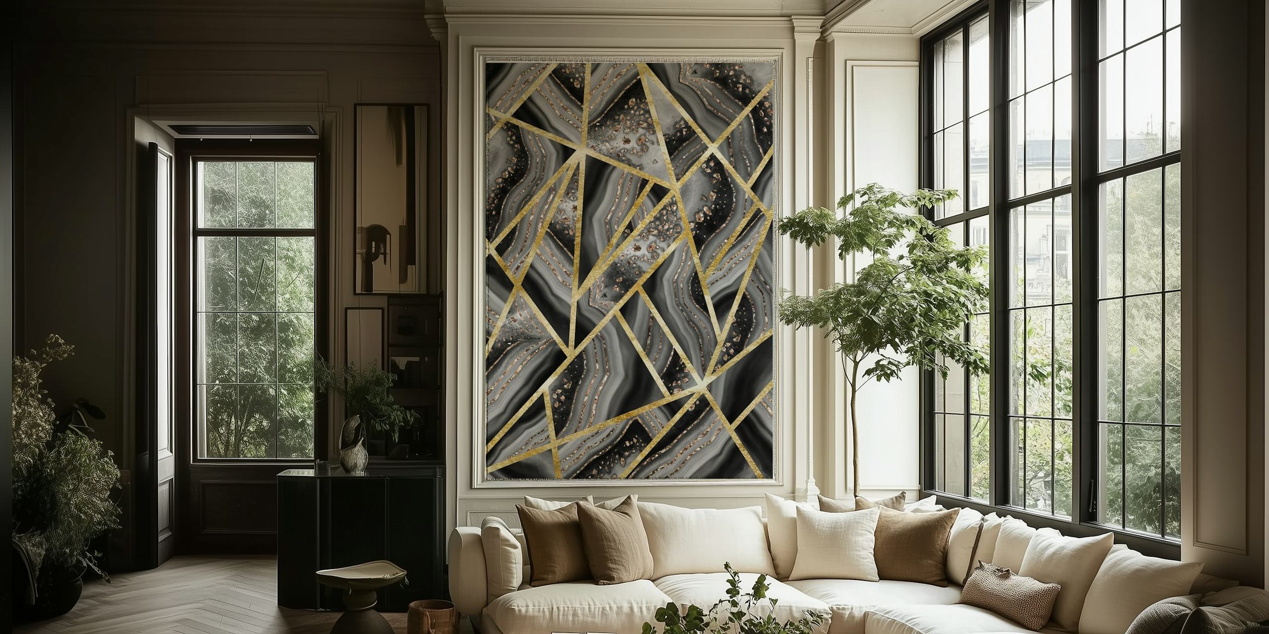 Luxurious wall mural featuring black agate stone pattern with gold lines and silver-grey veins.