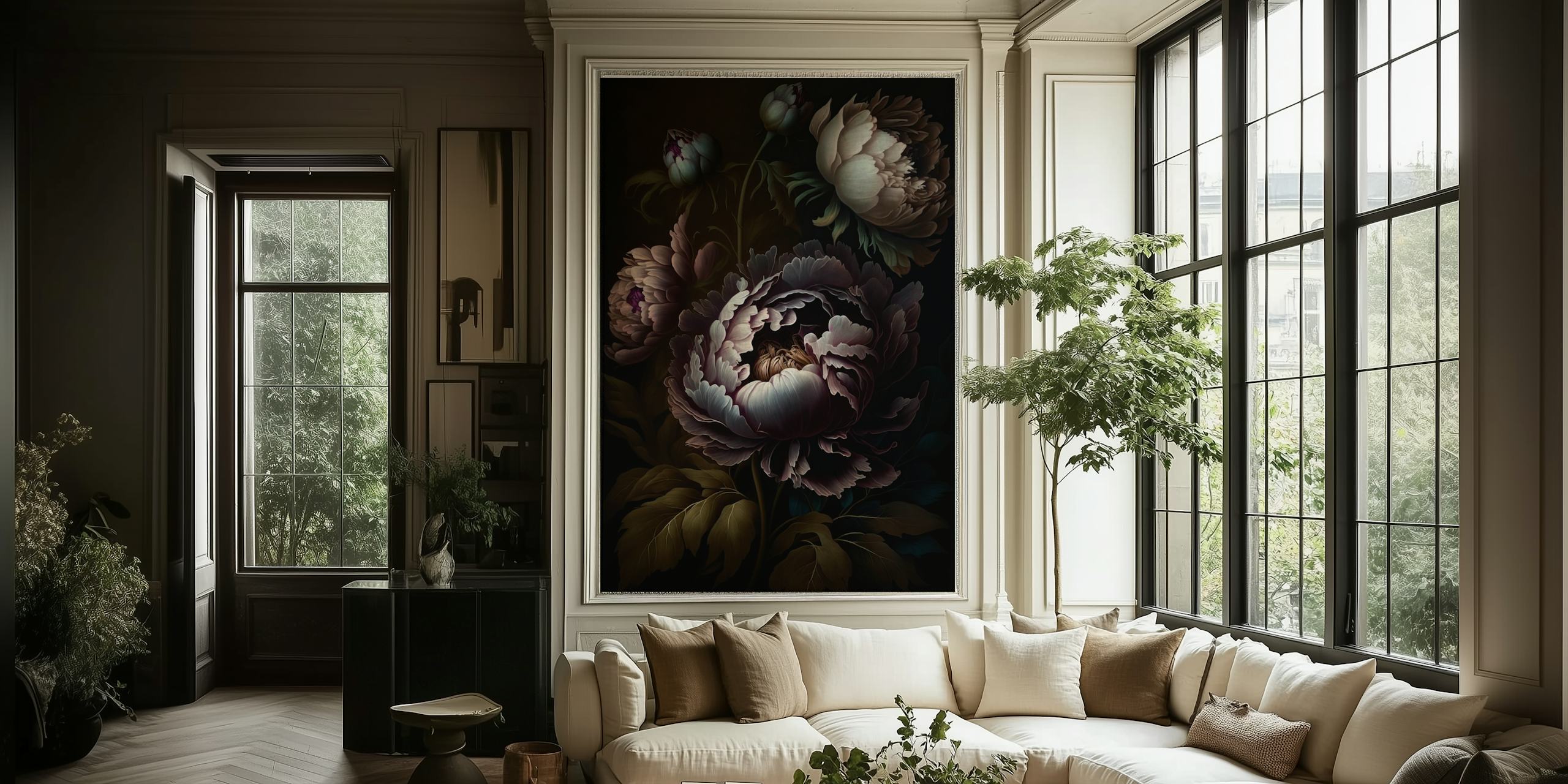 Midnight moody floral wallpaper in a room