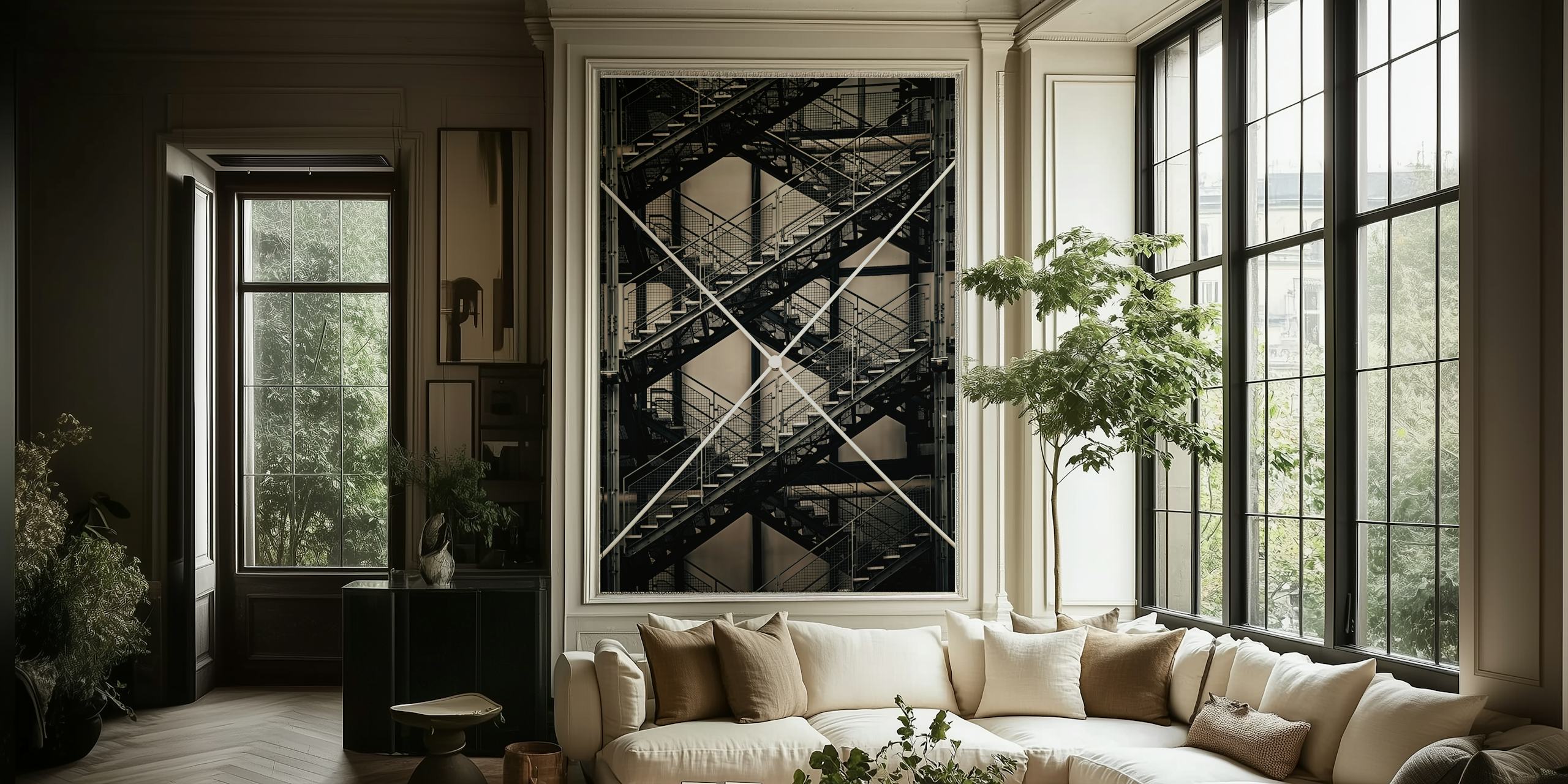 Into The City wall mural with black and white scaffolding design