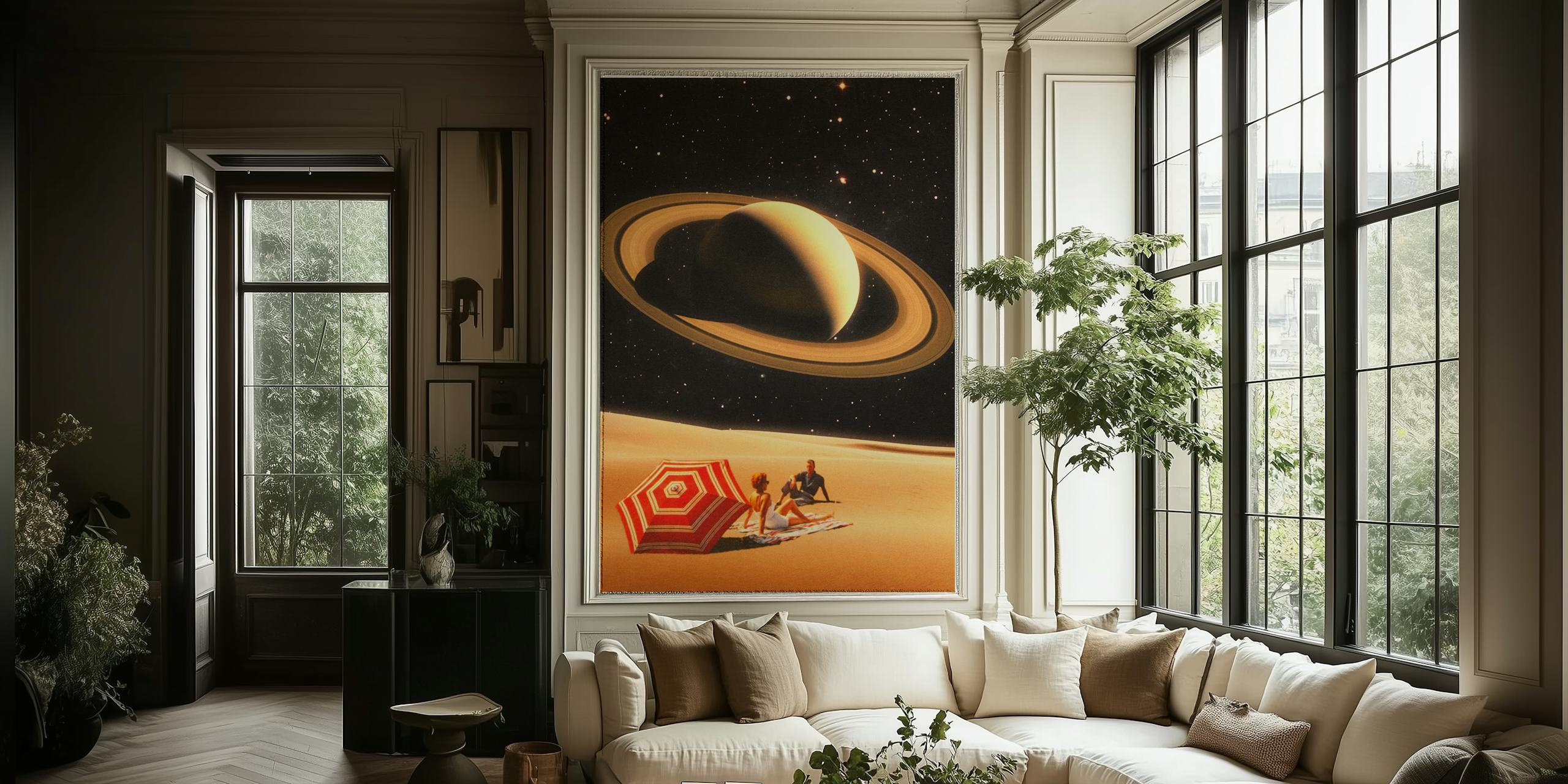 Couple on desert with Saturn above in starry sky wallpaper