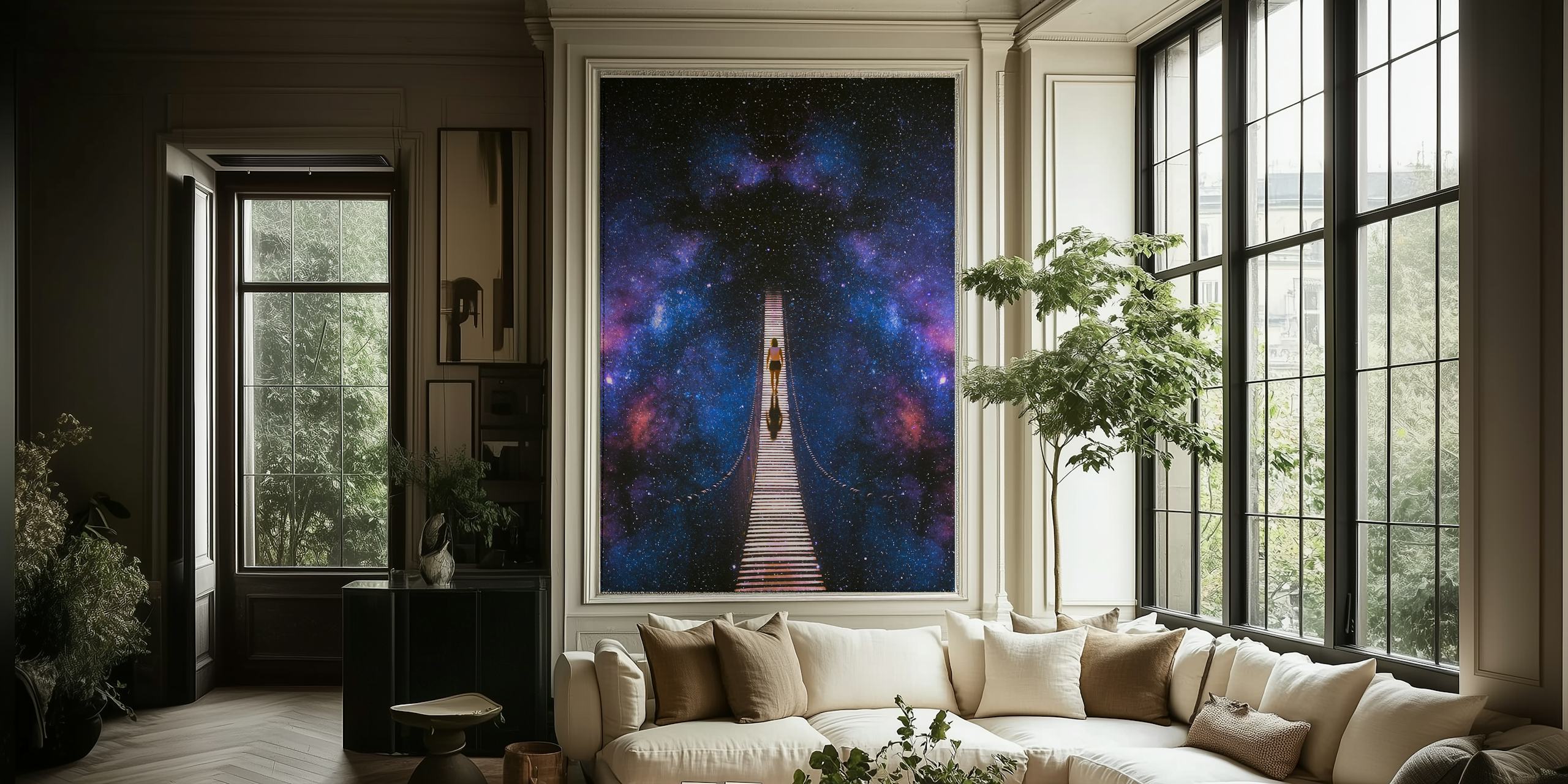 Galaxy themed wallpaper with a starry night sky and bridge pattern