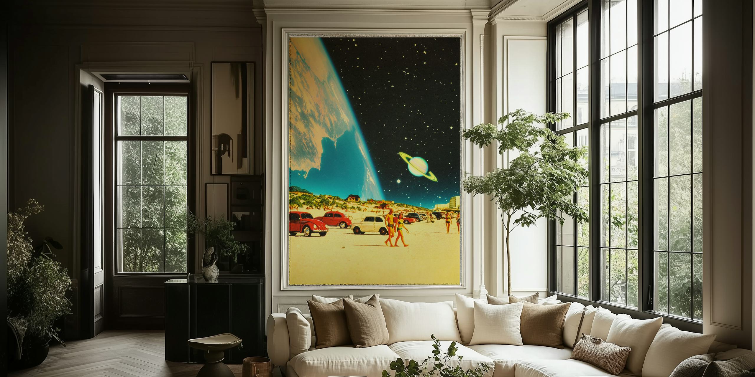 A surreal beach scene with vintage cars, sunbathers, and a cosmic sky with stars and a planet.