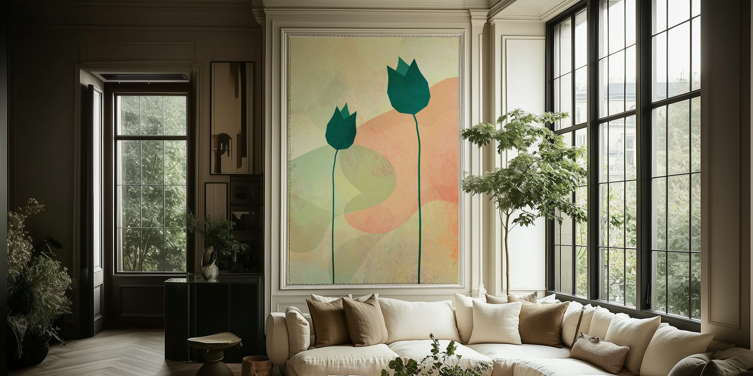 Green tulips on a soft pastel background wallpaper