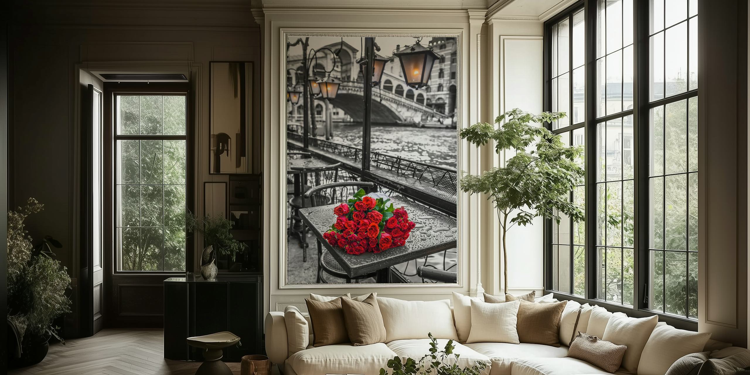 Red roses on black and white background wallpaper