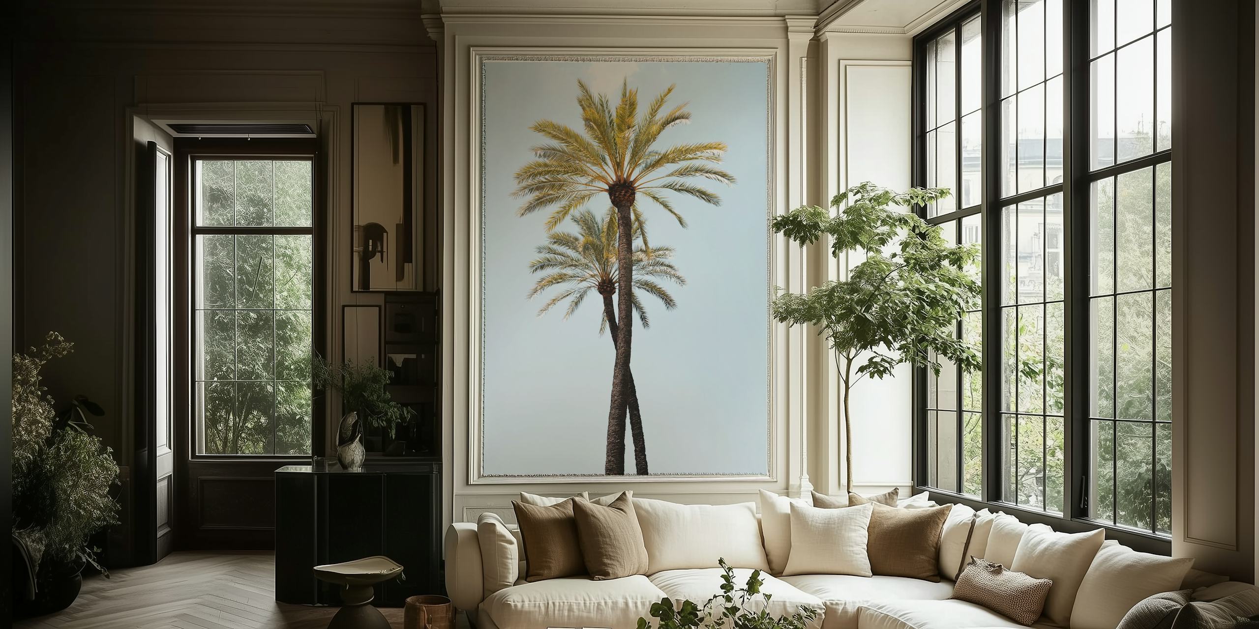 Two tall palm trees against a blue sky wallpaper