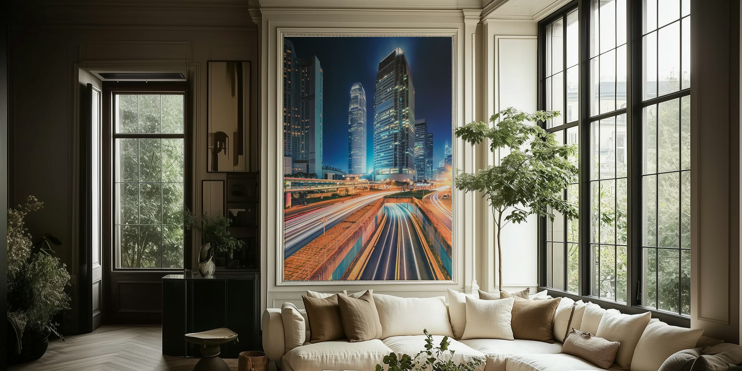 Wall mural of a vibrant cityscape at dusk with illuminated skyscrapers and light trails from moving traffic