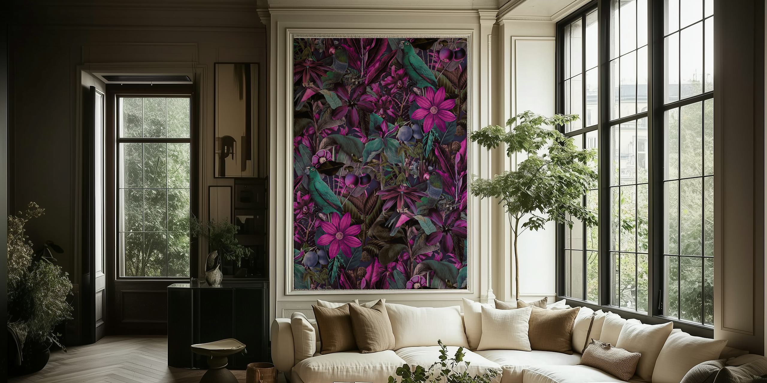 Tropical Serenade Opulent Jungle Flora mural with vibrant birds amid turquoise and fuchsia foliage.
