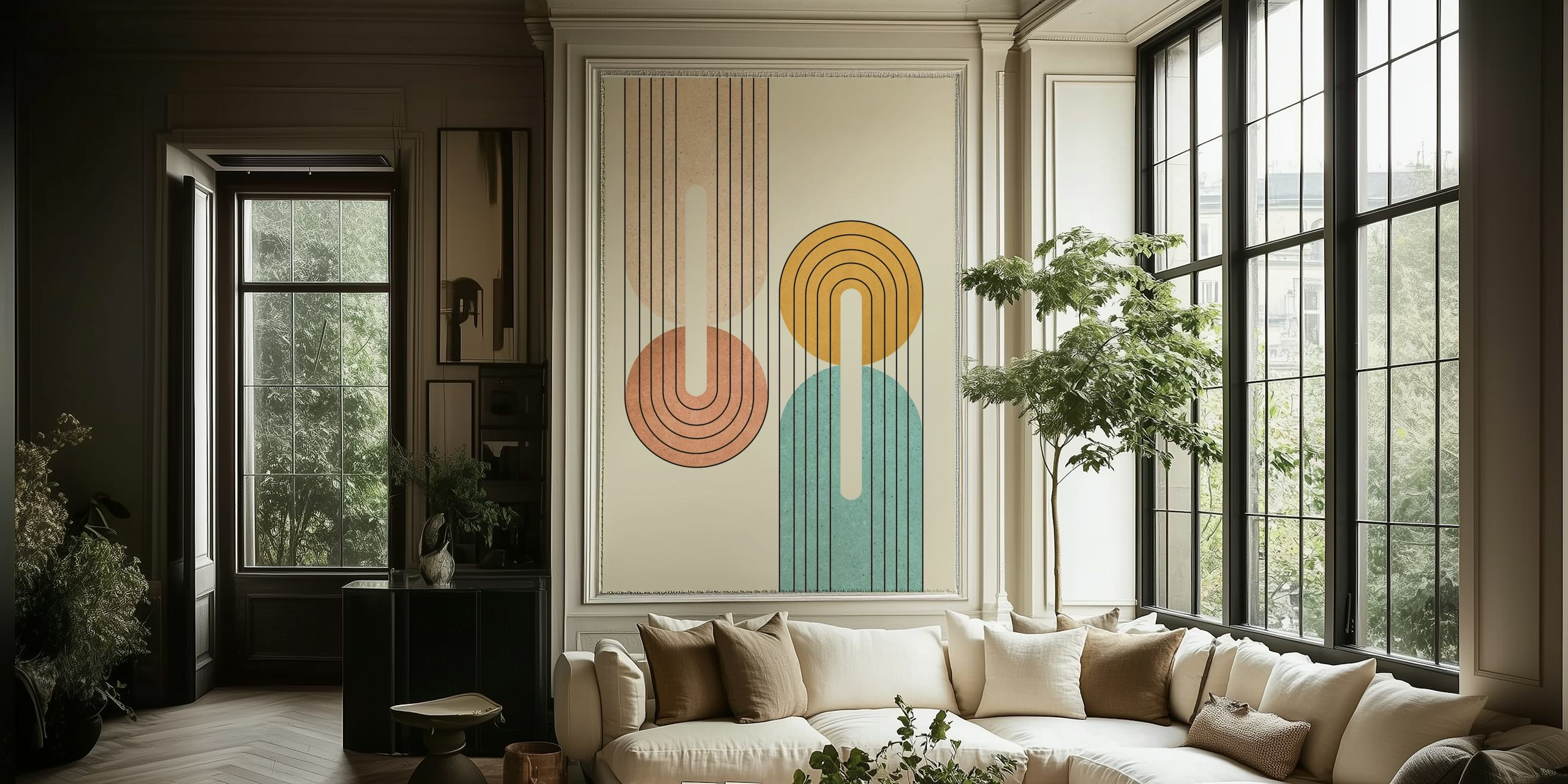 Pastel geometric shapes in pink, yellow, and blue wallpaper