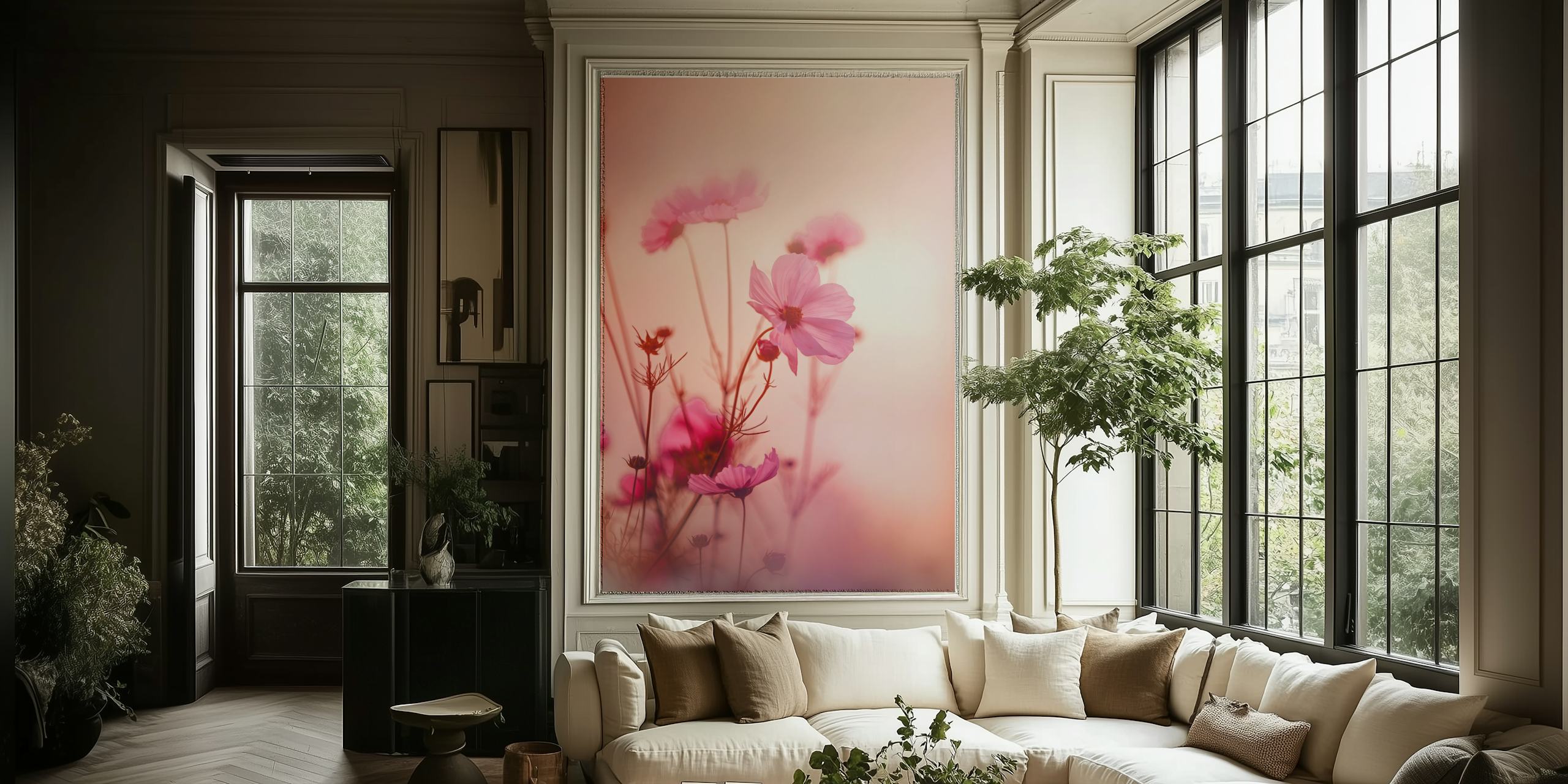Soft pink floral wallpaper with delicate blooms and green stems